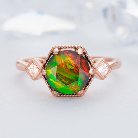 2.0ct Natural Canadian Ammolite Engagement Ring Ancient Rainbow Gemstone Fossil 14k Rose Gold Ring - ShainJewelry