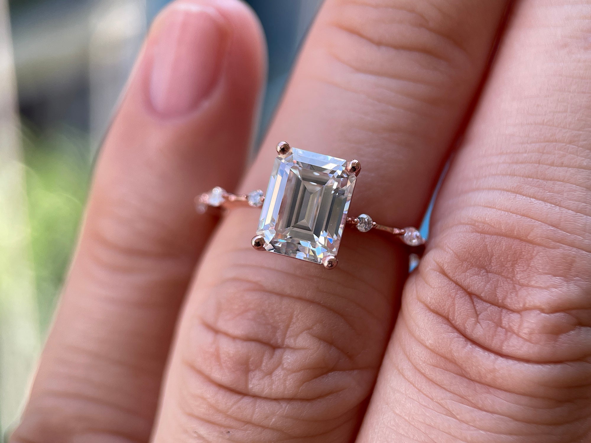 3.0ct Emerald Cut Moissanite Engagement Ring 14K/18K Rose Gold/ White Gold With Vintage Natural Diamond - ShainJewelry