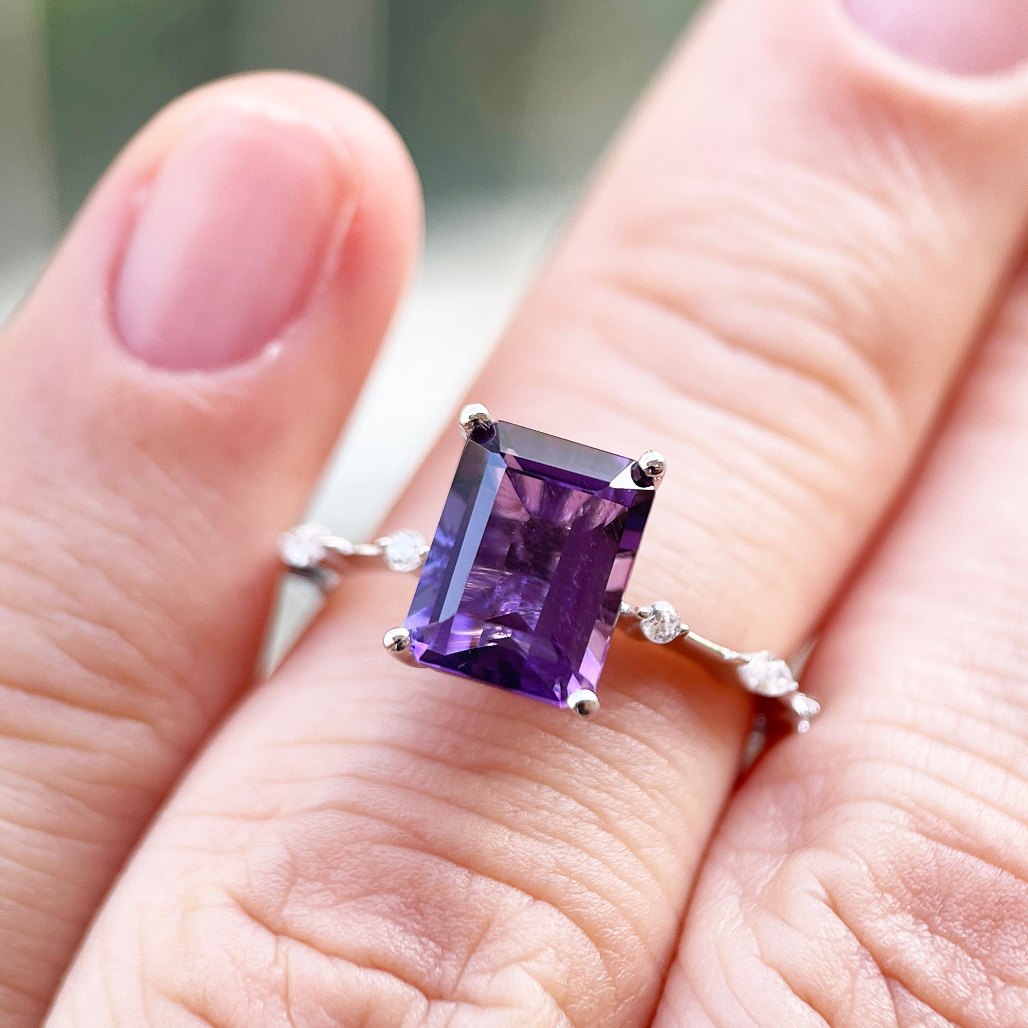 2.5ct Emerald Cut Amethyst Engagement Ring14K /18K Rose Gold/White Gold With Natural Diamond - ShainJewelry