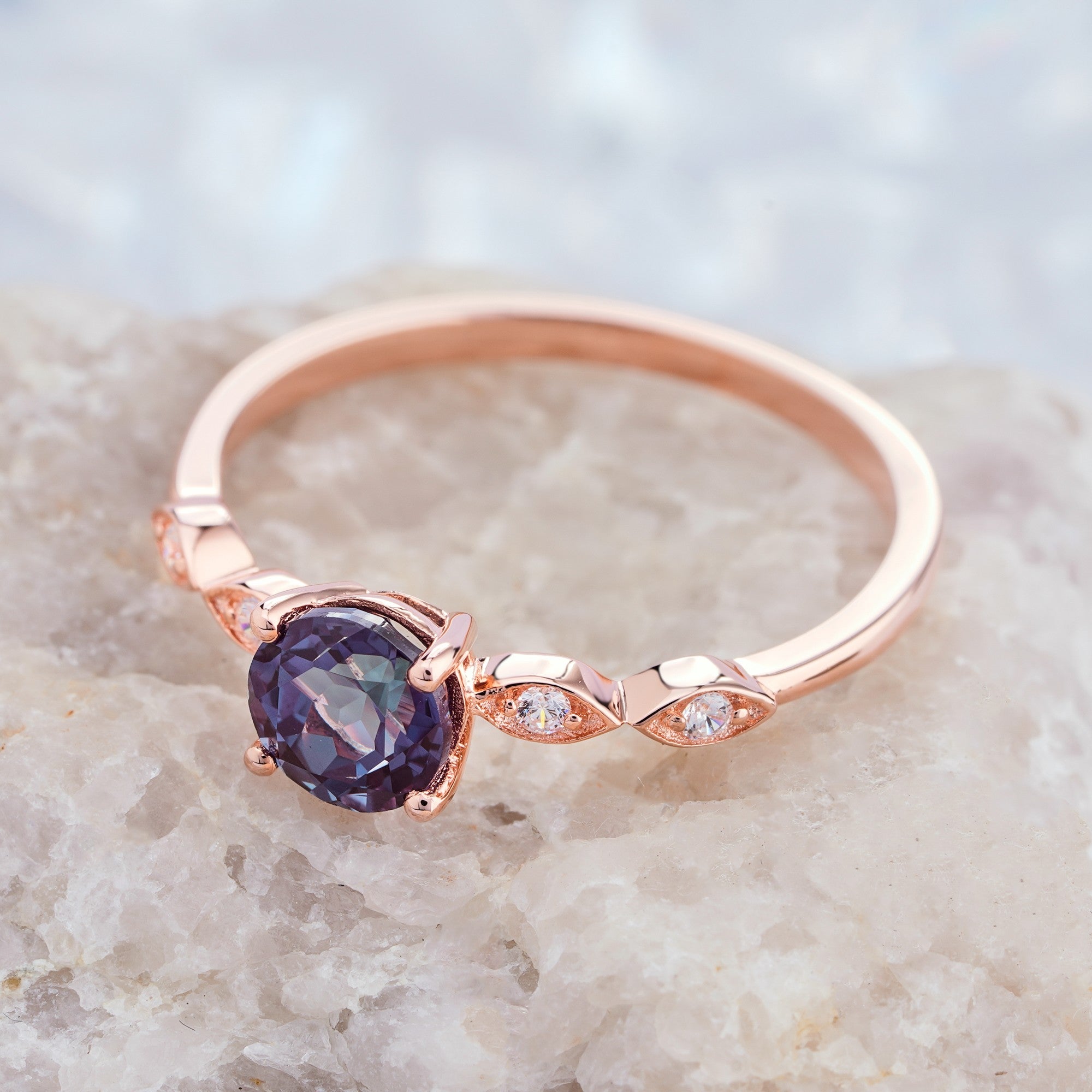 Alexandrite Engagement Ring 14K/18K Gold Diamond Color Changing Wedding Ring - ShainJewelry