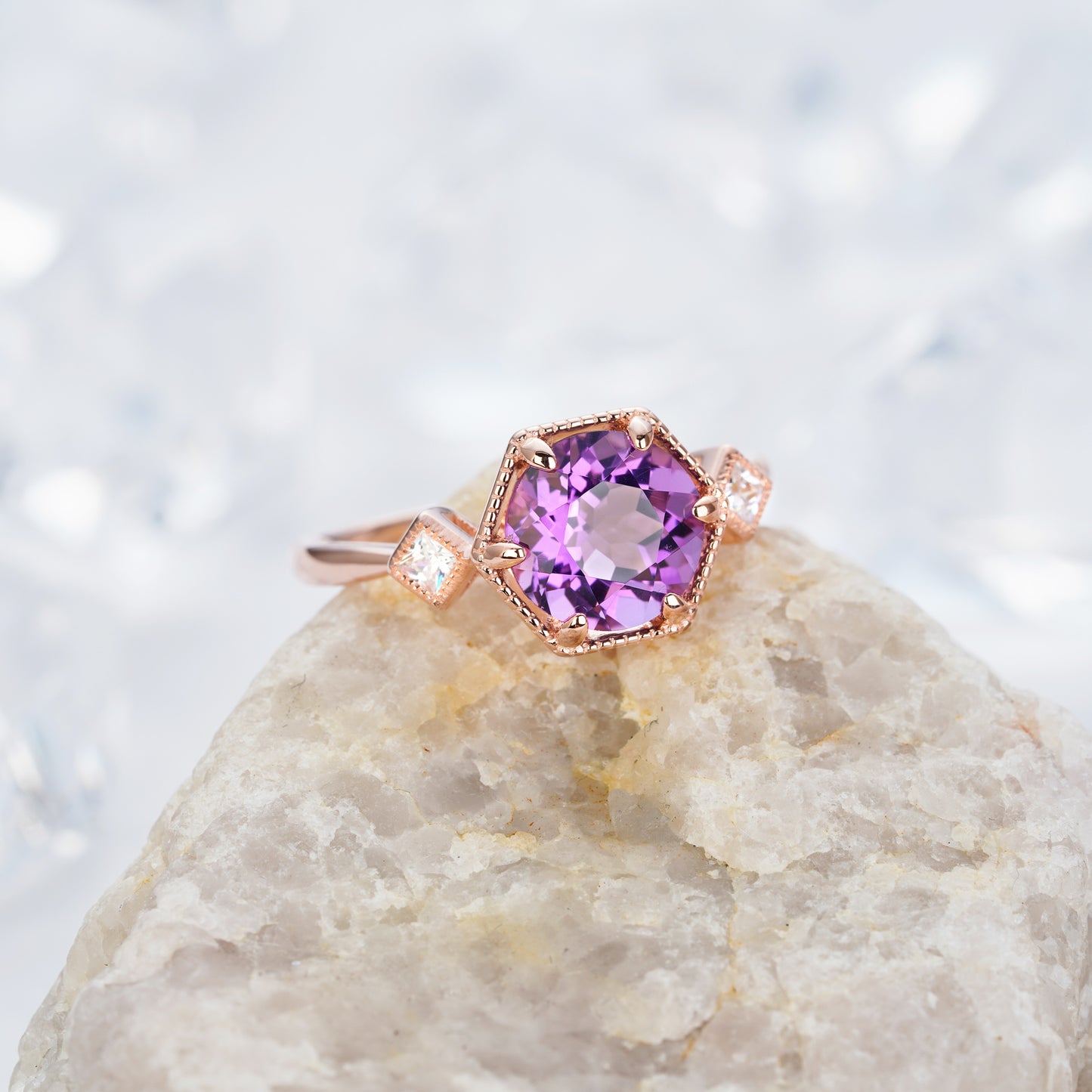 2.0 carat Purple Amethyst Vintage Quartz Ring 14K Gold Promise Wedding Natural Gemstone Engagement Ring - ShainJewelry