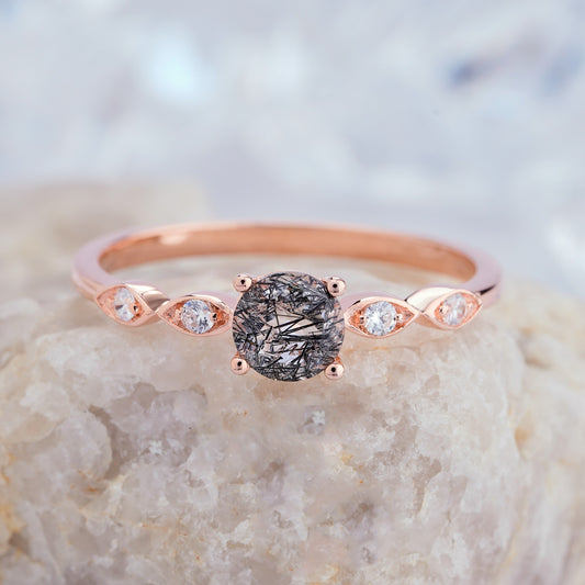Black Rutilated Quartz Engagement Ring14K/18K Gold Art Deco Diamond Wedding Solitaire Ring - ShainJewelry