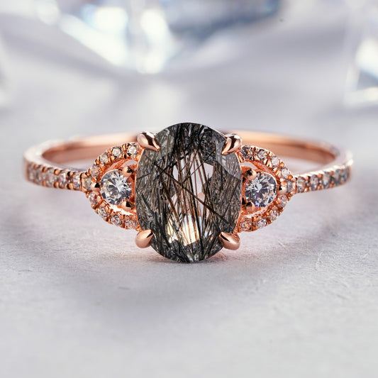 Black Rutilated Quartz Diamond Engagement Ring in14K/18K Gold - ShainJewelry
