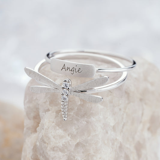 Dragonfly Engagement Engraved Ring Set Personalized Diamond Name Ring in14K/18K Gold - ShainJewelry