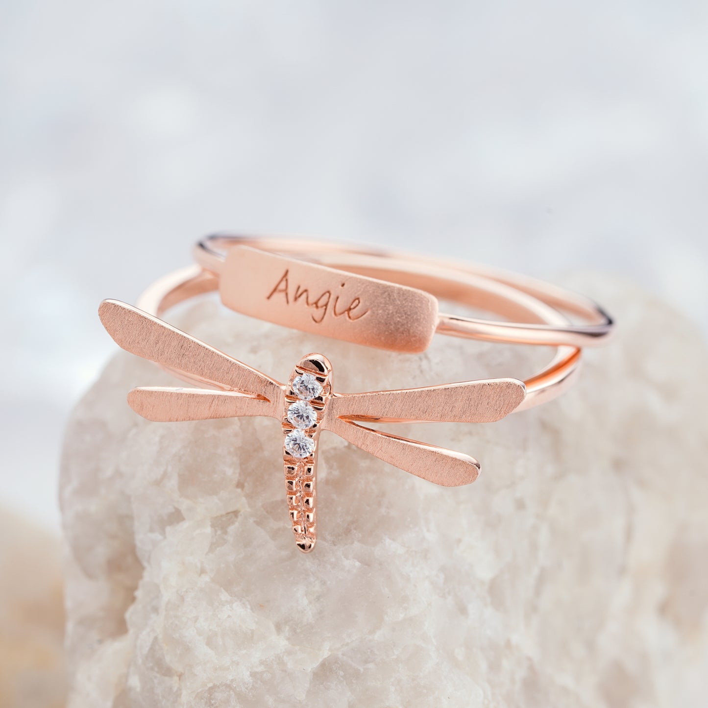 Dragonfly Engraved Name Ring Set Custom Personalized14K/18K Gold Diamond Ring - ShainJewelry
