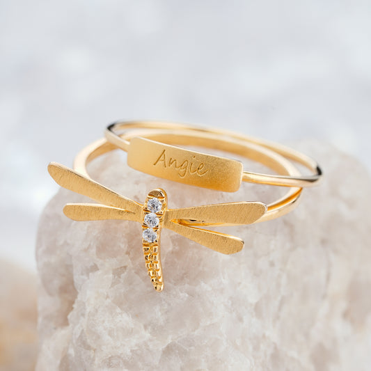 Dragonfly Engagement Engraved Ring Set Custom Personalized  Name Ring in14K/18K Gold - ShainJewelry