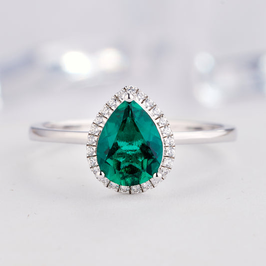 1.0ct Emerald  Diamond Engagement Ring 6x8mm Pear Cut 14K/18K Gold Ring - ShainJewelry