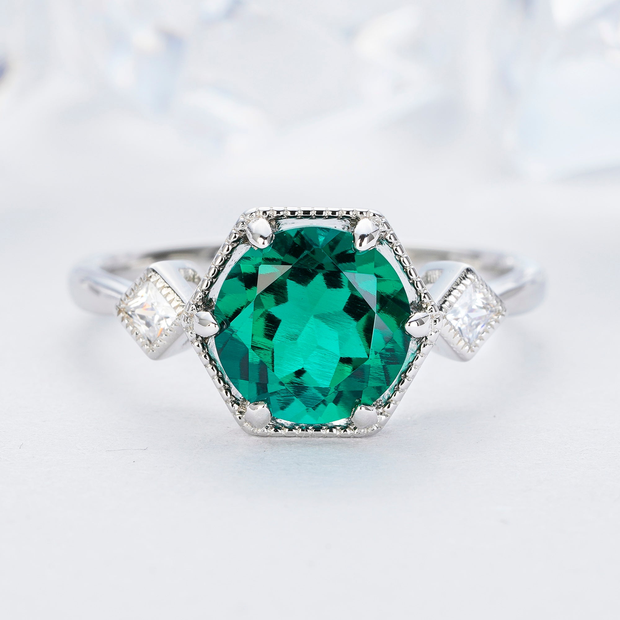 2.0ct Emerald Ring Engagement Round Cut 14K White Gold Alternative Wedding Ring - ShainJewelry