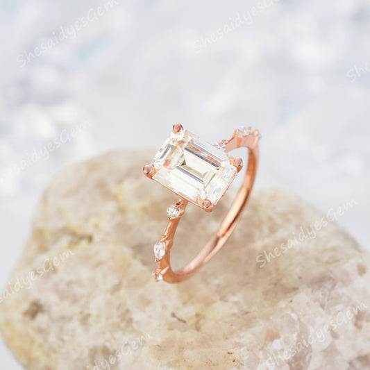 3.0ct Emerald Cut Moissanite Engagement Ring 14K/18K Rose Gold/ White Gold With Vintage Natural Diamond - ShainJewelry