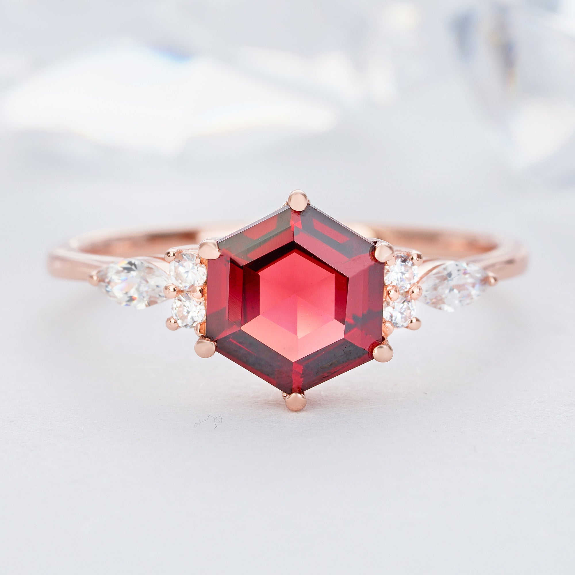 1.5ct Hexagon Red Garnet Engagement Ring14K/18KRose/Yellow/White Gold Jan. Birthstone Ring - ShainJewelry