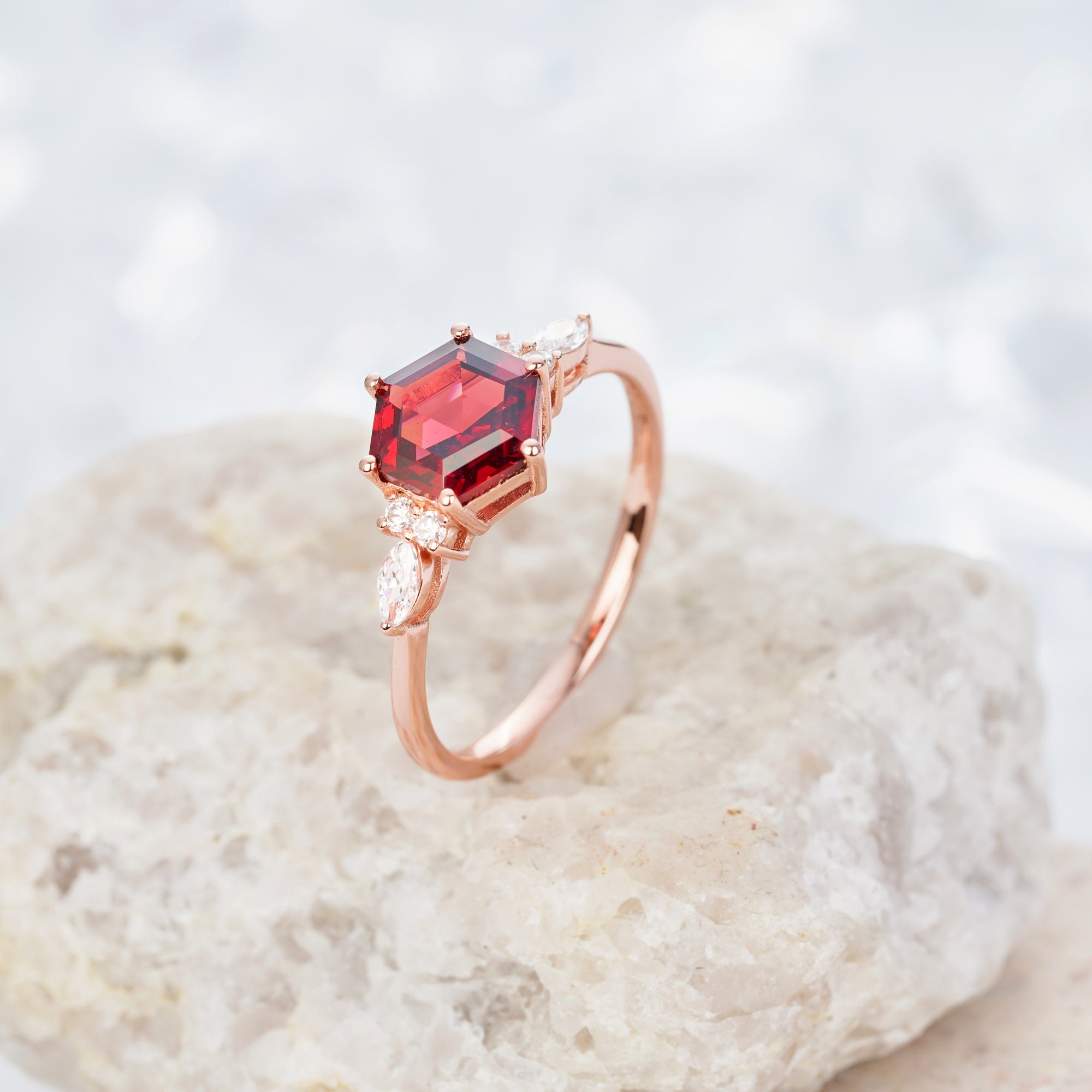 1.5ct Hexagon Red Garnet Engagement Ring14K/18KRose/Yellow/White Gold Jan. Birthstone Ring - ShainJewelry