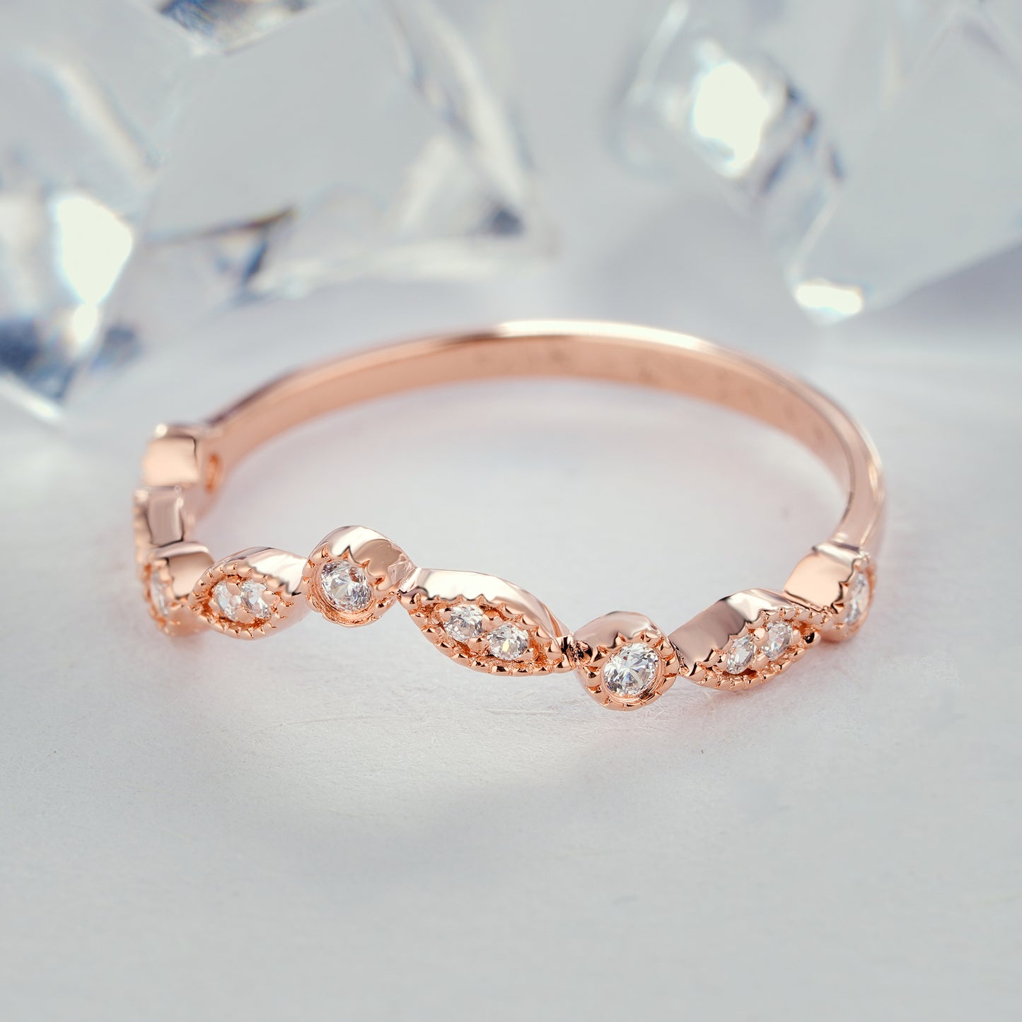 Natural Diamond Half Eternity Matching Band Art Deco V Shaped Ring in 14K/18K Gold - ShainJewelry