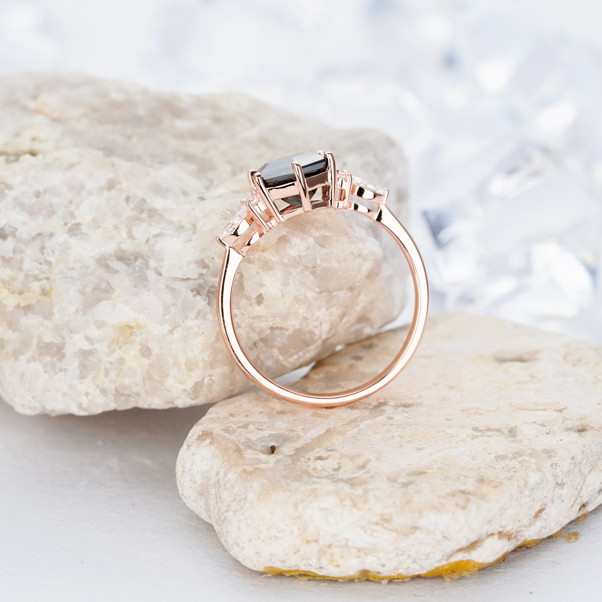 2.0 carat Hexagon Grey Moissanite Engagement Quartz Ring 14K Gold Art Deco Promise Wedding Natural Gemstone Ring - ShainJewelry