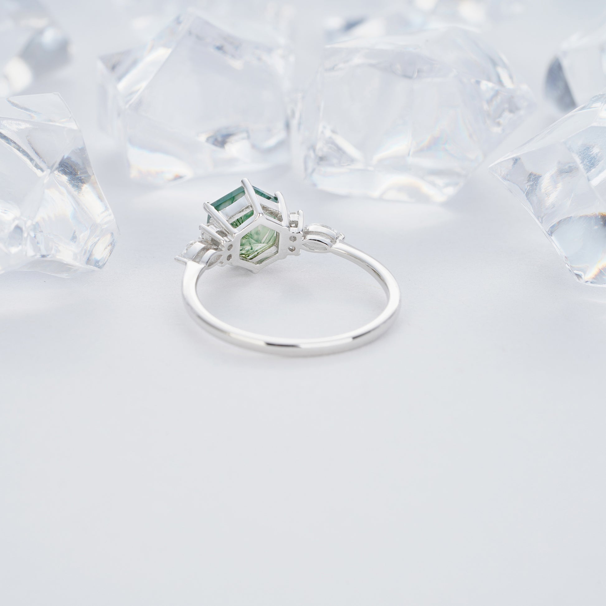 1.5ct 7mm Hexagon Green Moss Agate Diamond Engagement Ring14K/18KRose/Yellow/White Gold Ring - ShainJewelry