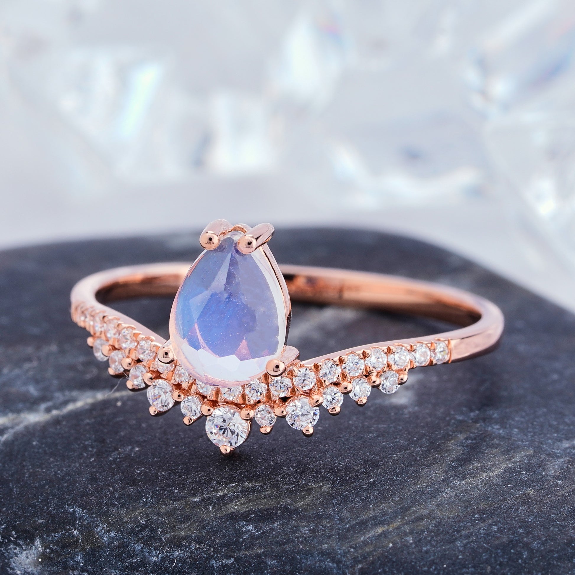 Pear Cut Moonstone Engagement Ring14k/18k Gold Natural Diamond Statement Wedding Ring - ShainJewelry