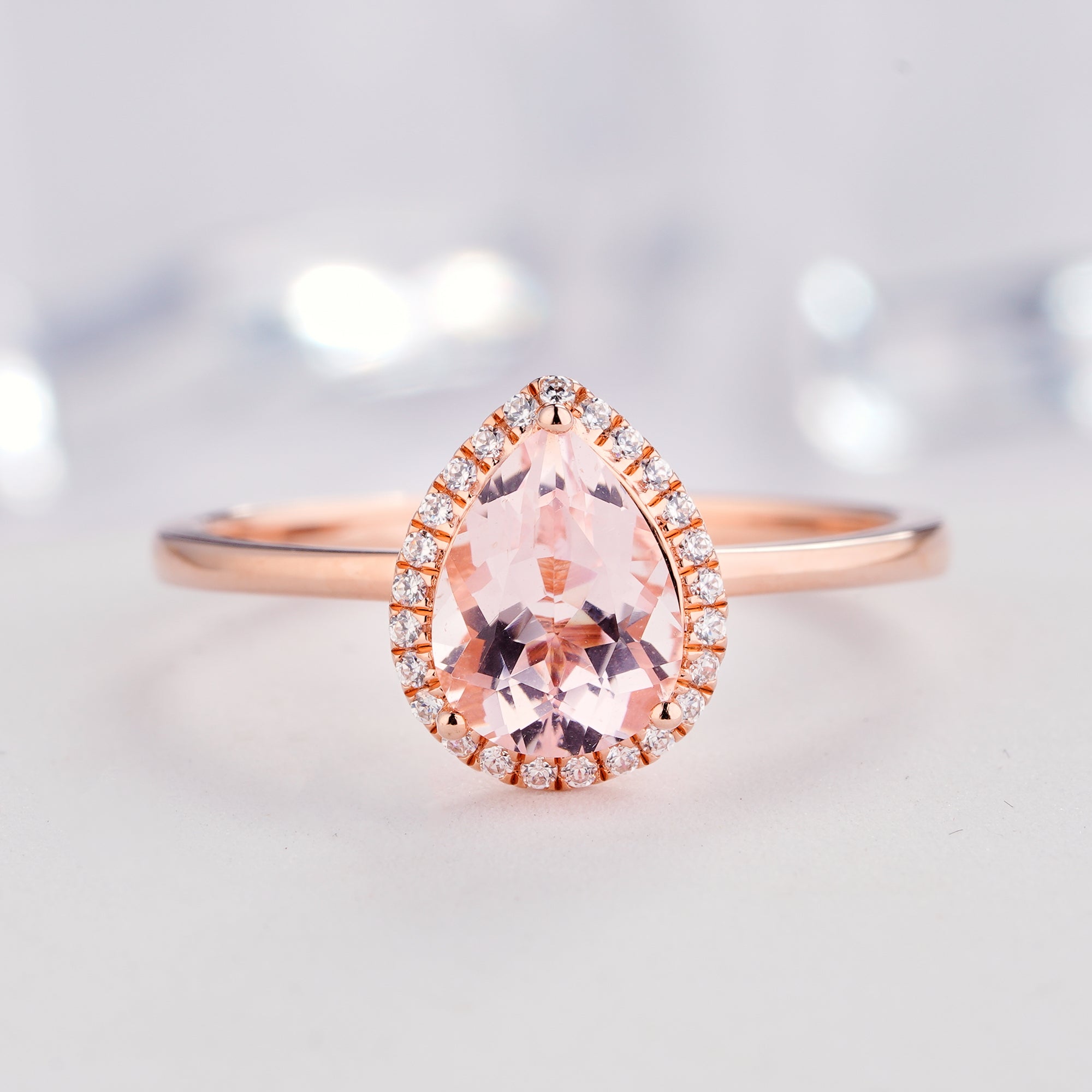 1.1ct Natural Teardrop Pink Morganite 14K/18KGold Pear Cut Diamond Ring - ShainJewelry