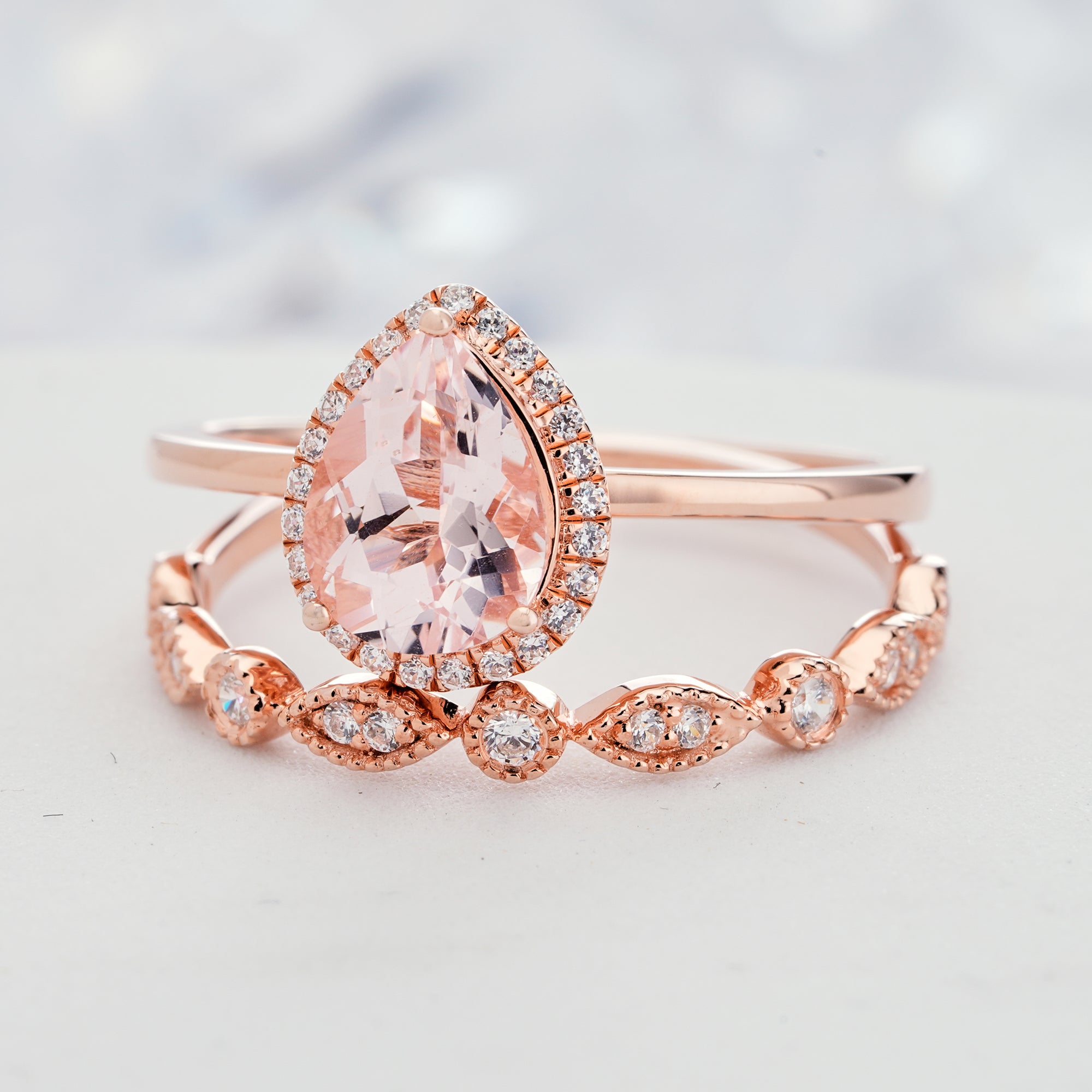 1.2ct Pear Cut Natural Pink Morganite Engagement Ring Set in14K/18K Gold Halo Custom Teardrop Ring - ShainJewelry