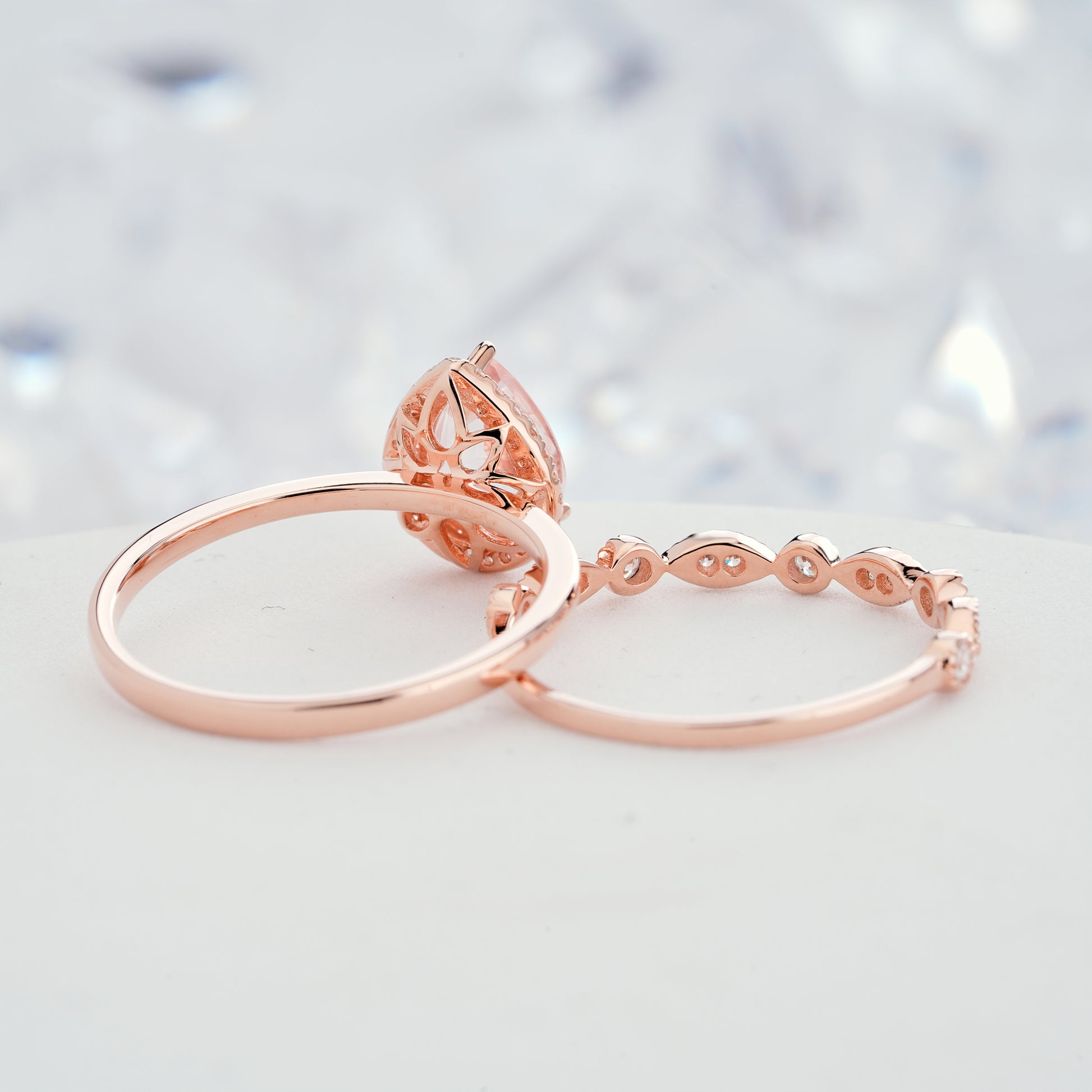 1.2ct Pear Cut Natural Pink Morganite Engagement Ring Set in14K/18K Gold Halo Custom Teardrop Ring - ShainJewelry