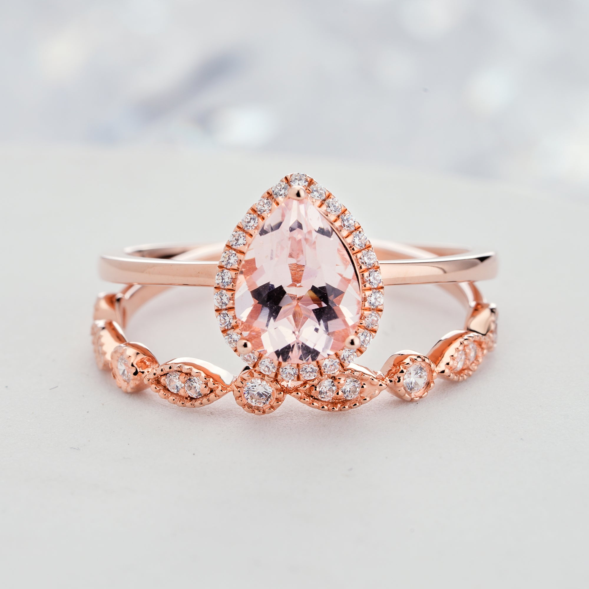 1.2ct Pear Cut Natural Pink Morganite Engagement Ring Set in14K/18K Gold Halo Custom Teardrop Ring - ShainJewelry