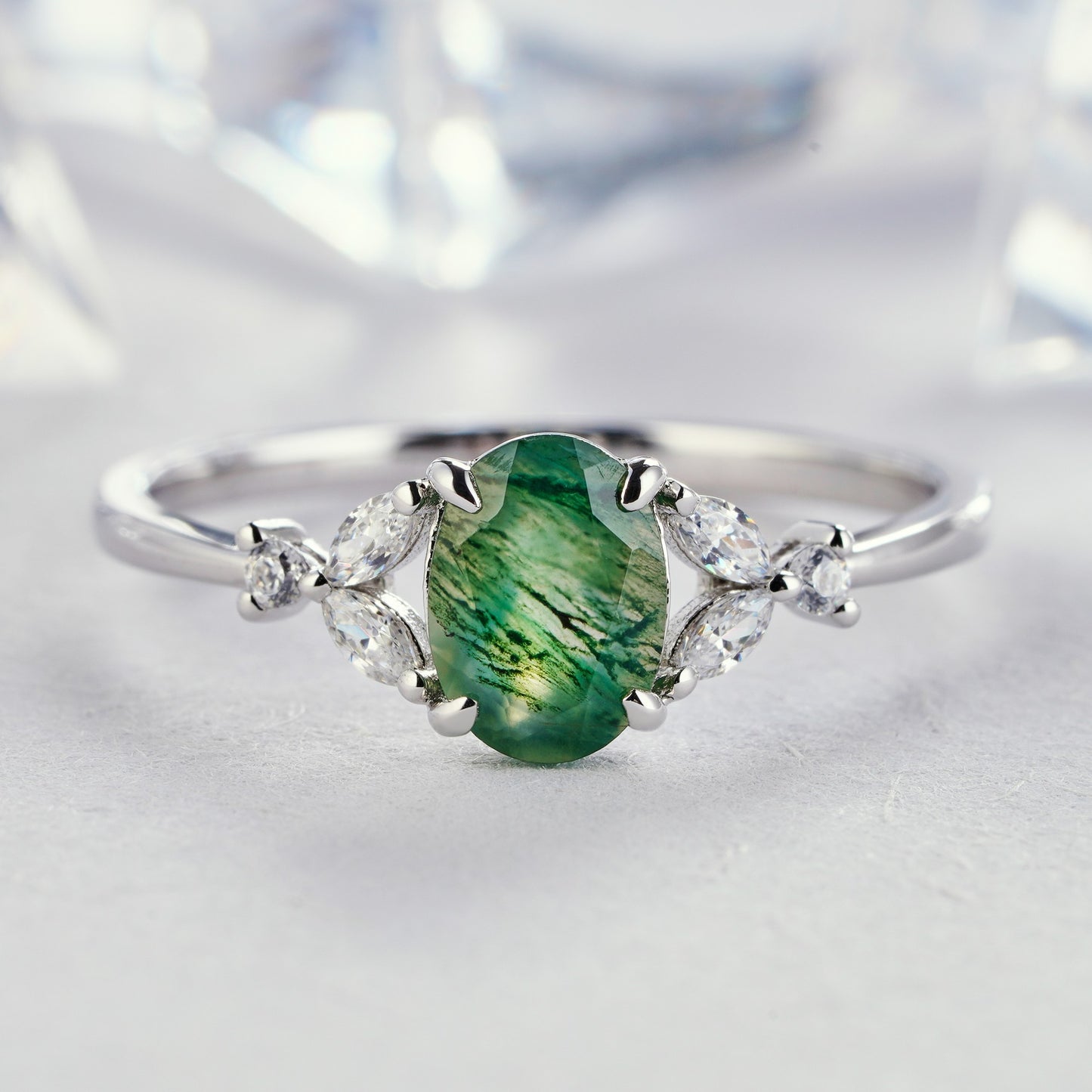 0.8ct Oval Cut Moss Agate Engagement Diamond Ring in14K/18K Gold - ShainJewelry