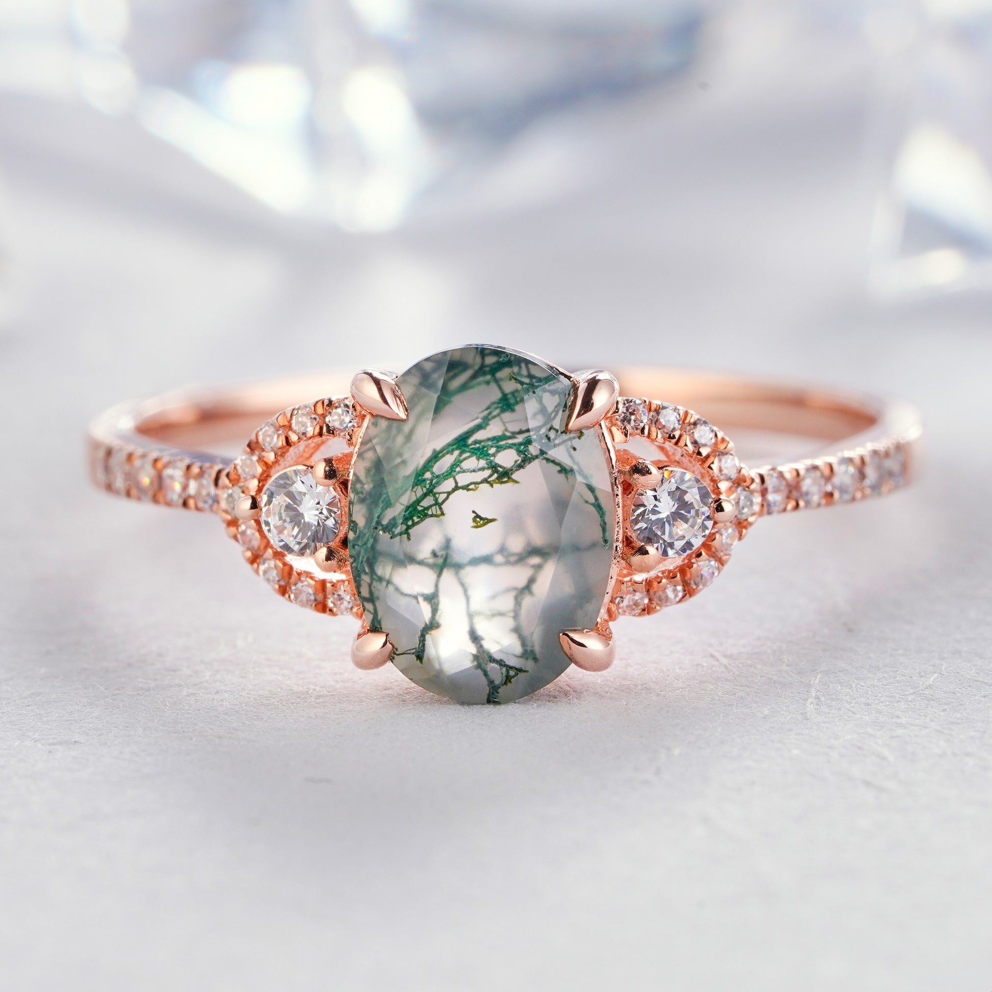 Oval cut Moss agate Engagement Ring Solid14K/18K Gold Diamond Ring - ShainJewelry