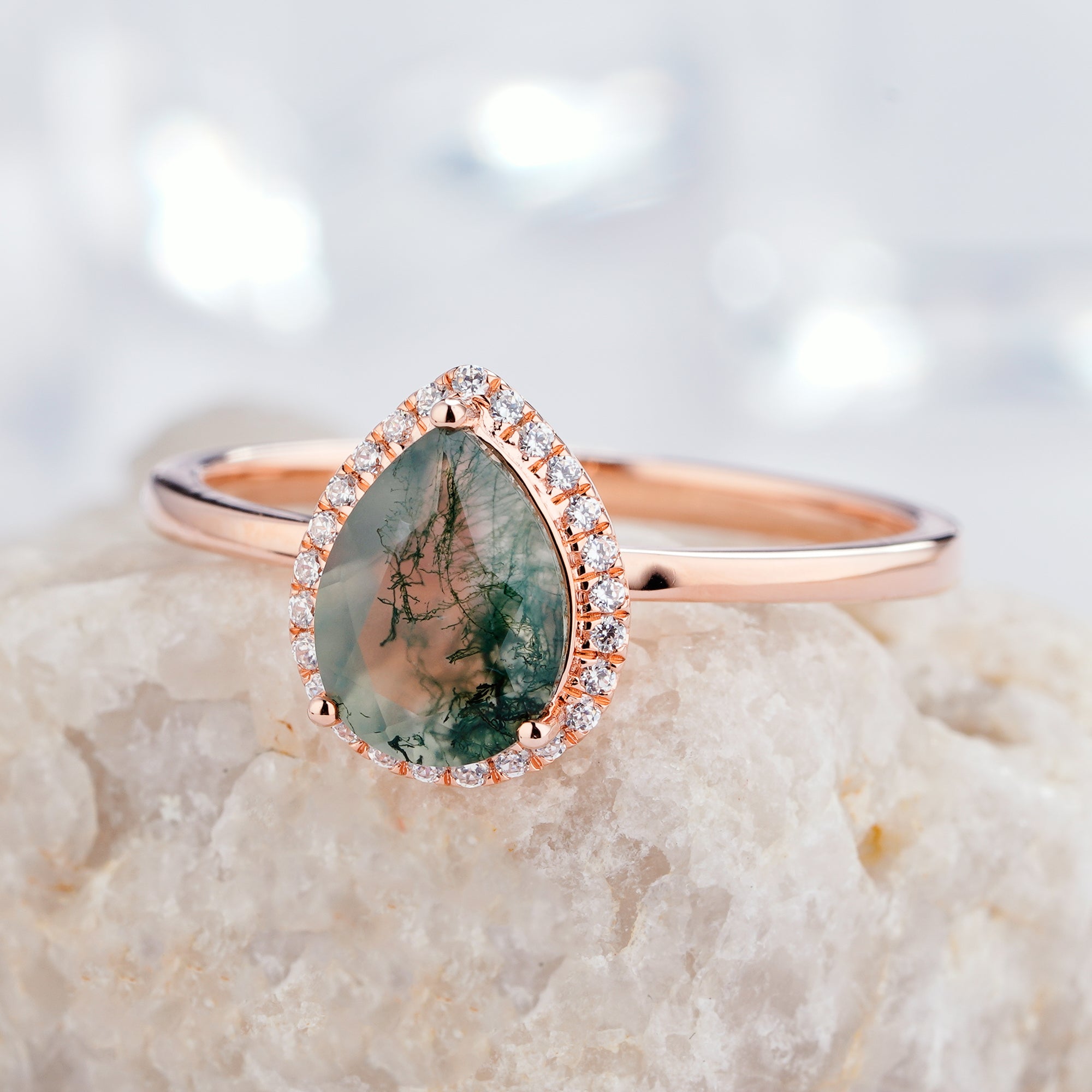 1.2ct Moss Agate Engagement Ring 14K/18K Gold Diamond Promise Ring - ShainJewelry