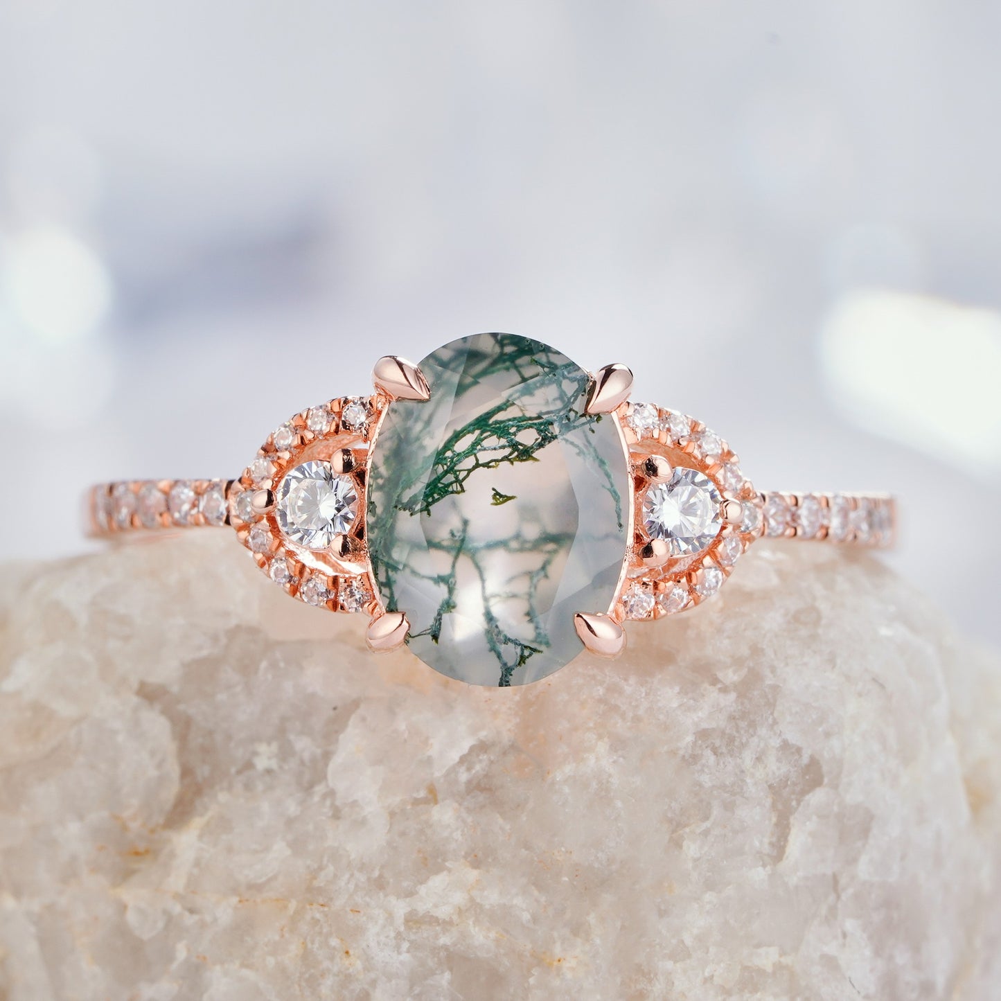 Oval cut Moss agate Engagement Ring Solid14K/18K Gold Diamond Ring - ShainJewelry