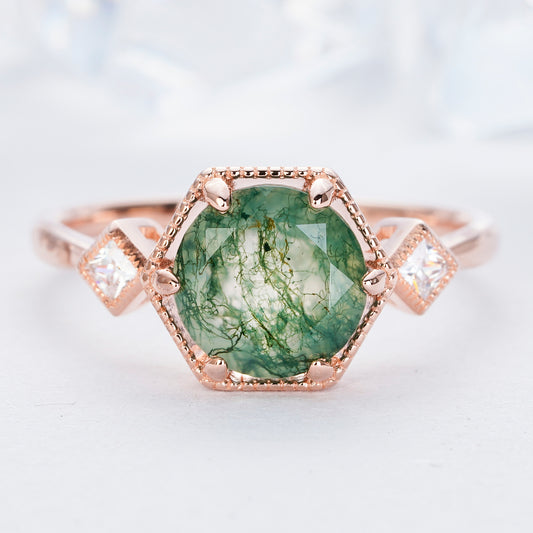 Moss Agate Wedding Ring 14K/18K Gold3.0 Ct Round Cut Anniversary Promise Engagement Ring For Women - ShainJewelry
