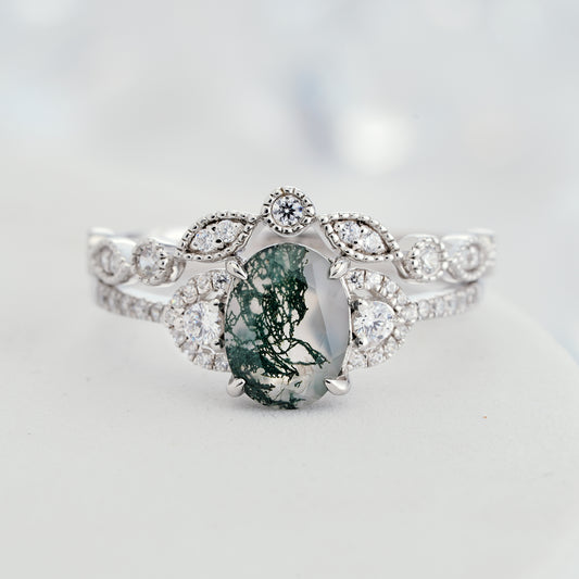 Moss Agate Diamond 14K/18K Gold Engagement Ring Set - ShainJewelry