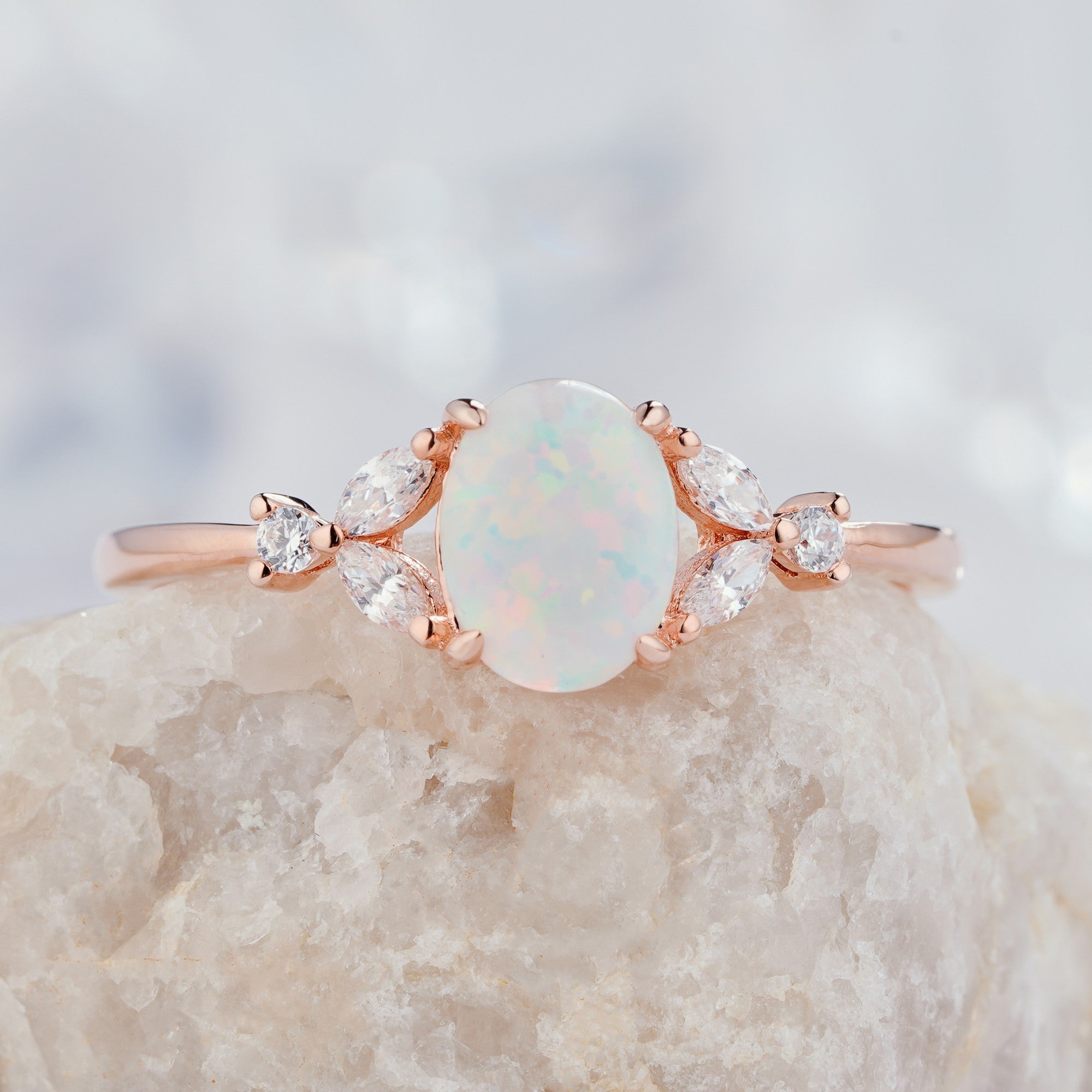 0.5ct Oval Cut White Fire Opal Engagement Ring 14K/18K Gold Natural Diamond Ring - ShainJewelry