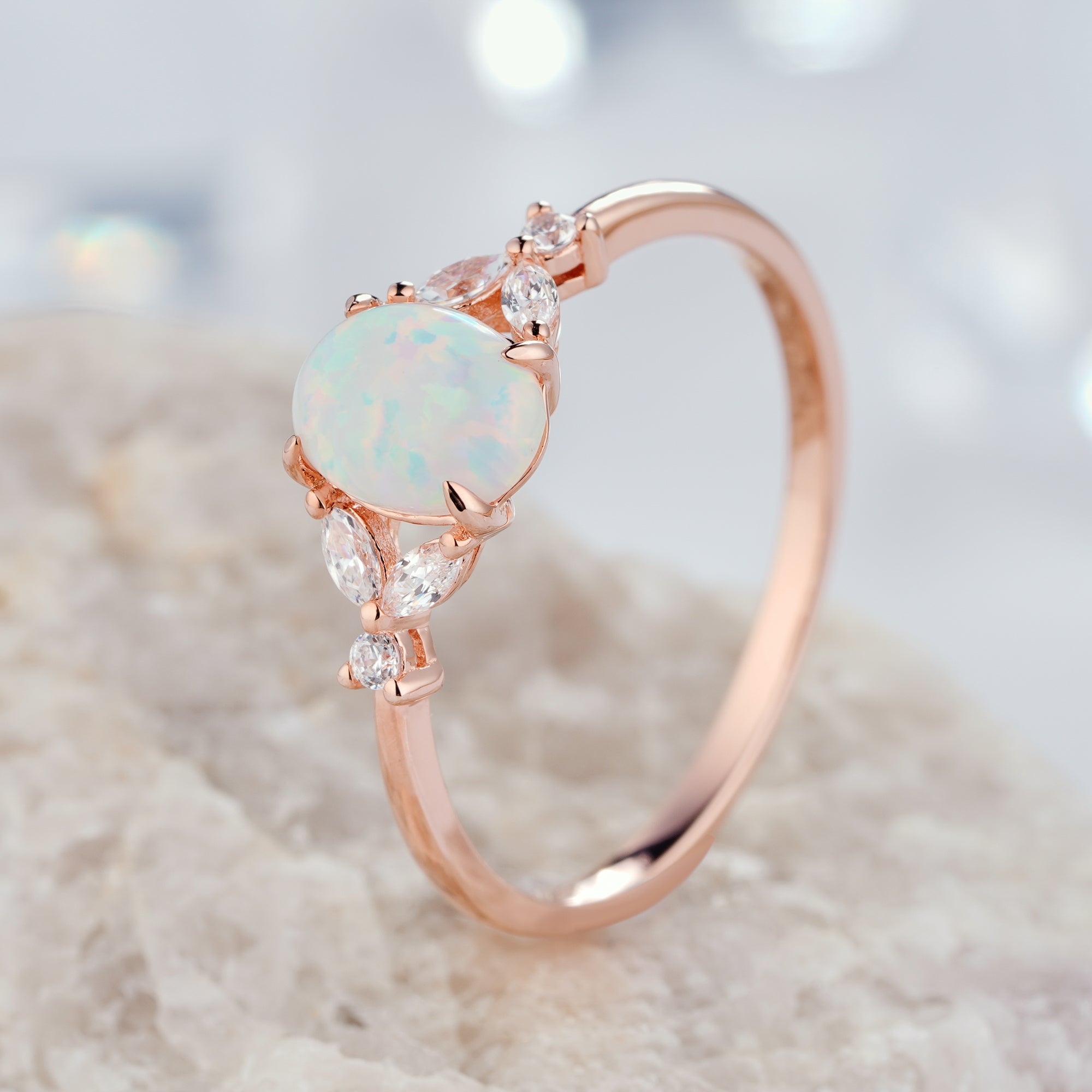 0.5ct Oval Cut White Fire Opal Engagement Ring 14K/18K Gold Natural Diamond Ring - ShainJewelry