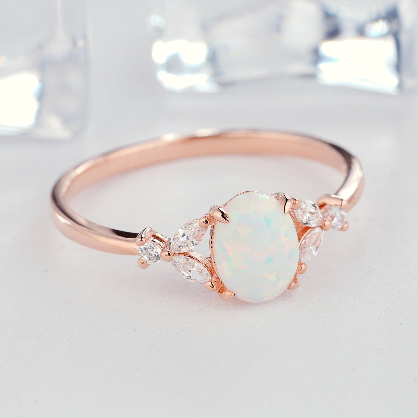 0.5ct Oval Cut White Fire Opal Engagement Ring 14K/18K Gold Natural Diamond Ring - ShainJewelry