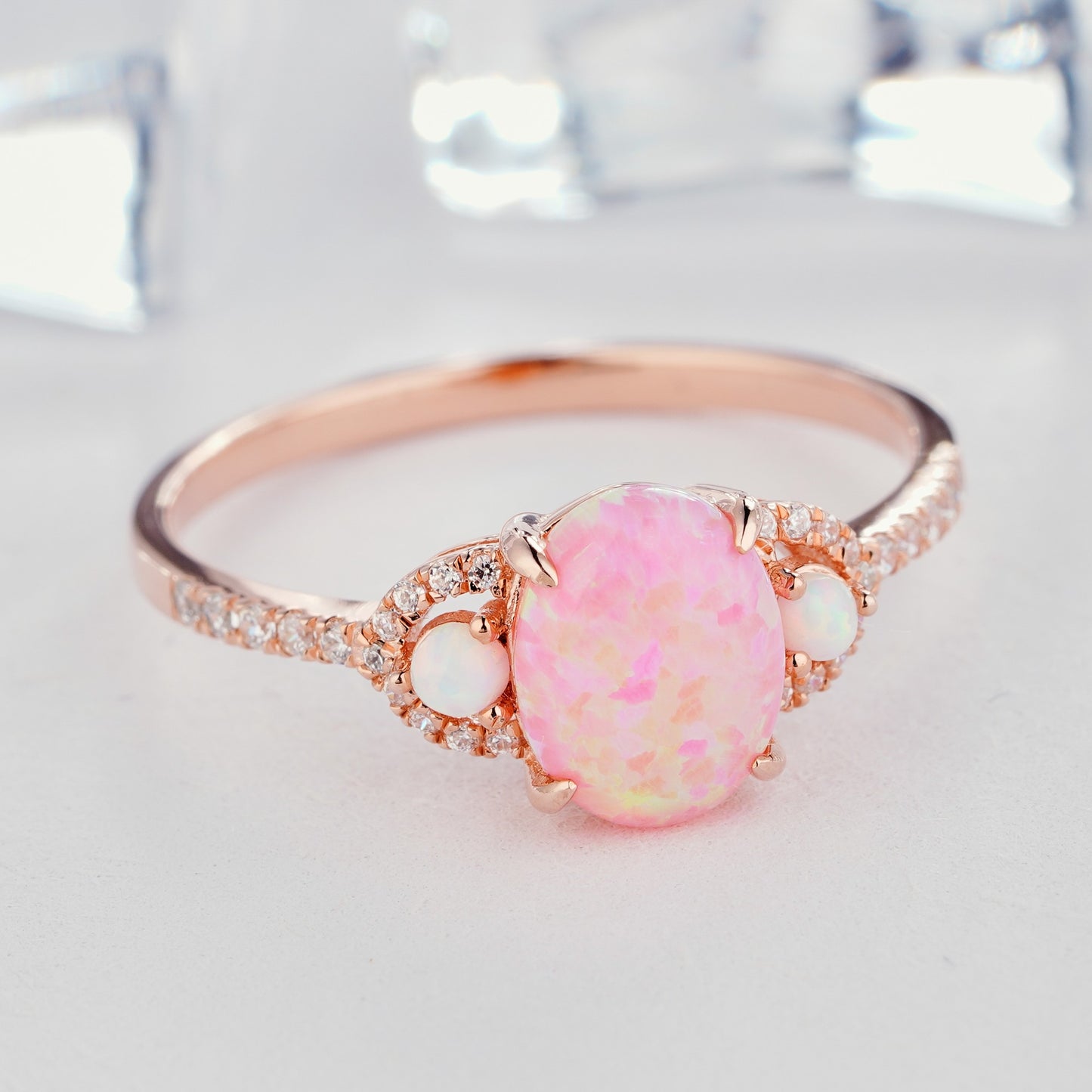 0.85ct Oval Cut Pink Fire Opal  in 14K/18K Gold Natural Diamond  Handmade Ring - ShainJewelry