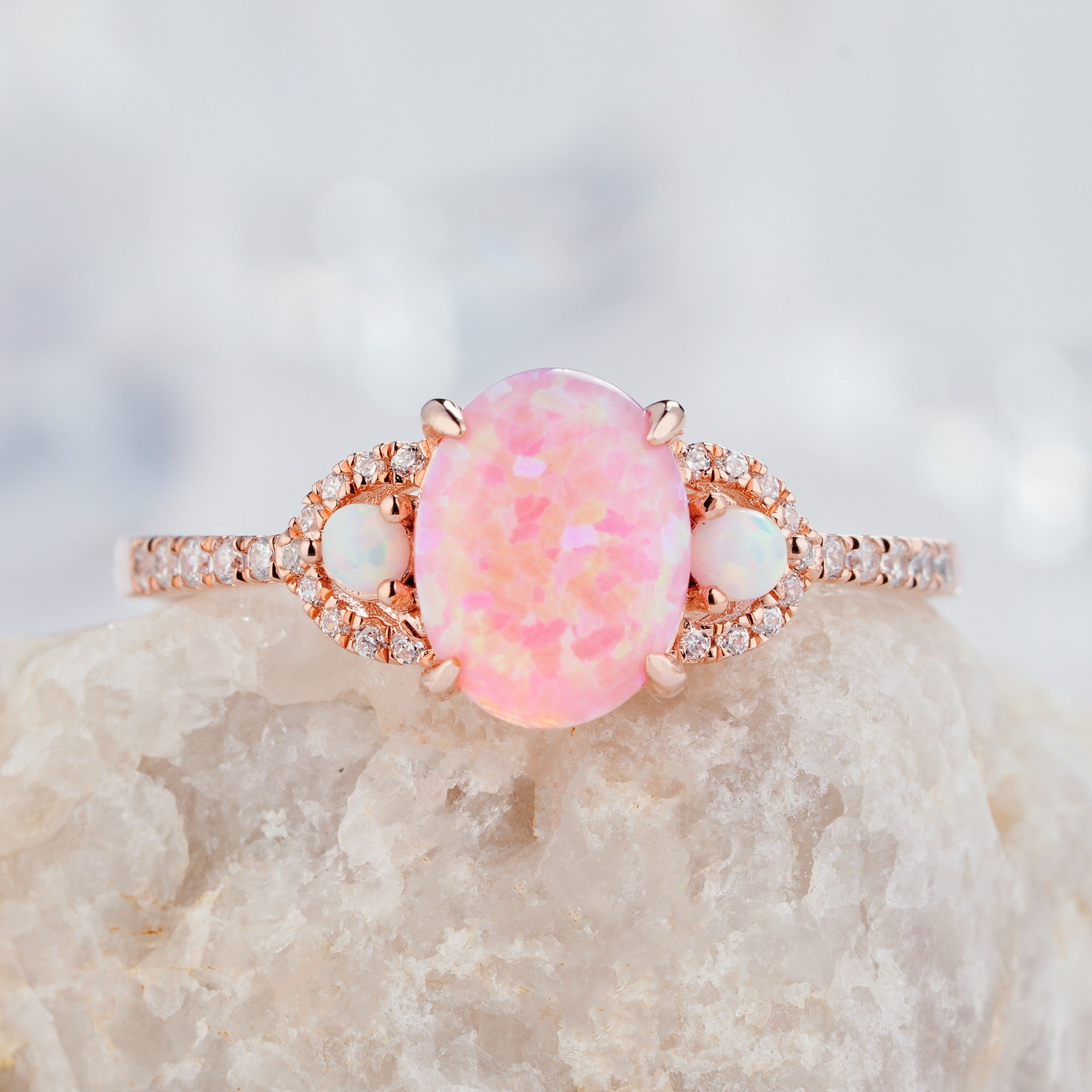 0.85ct Oval Cut Pink Fire Opal  in 14K/18K Gold Natural Diamond  Handmade Ring - ShainJewelry