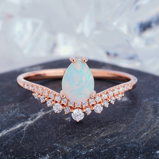 Pear Shape Opal  Natural Diamond Ring Teardrop White Fire Birthstone Ring in14K/18K Gold - ShainJewelry