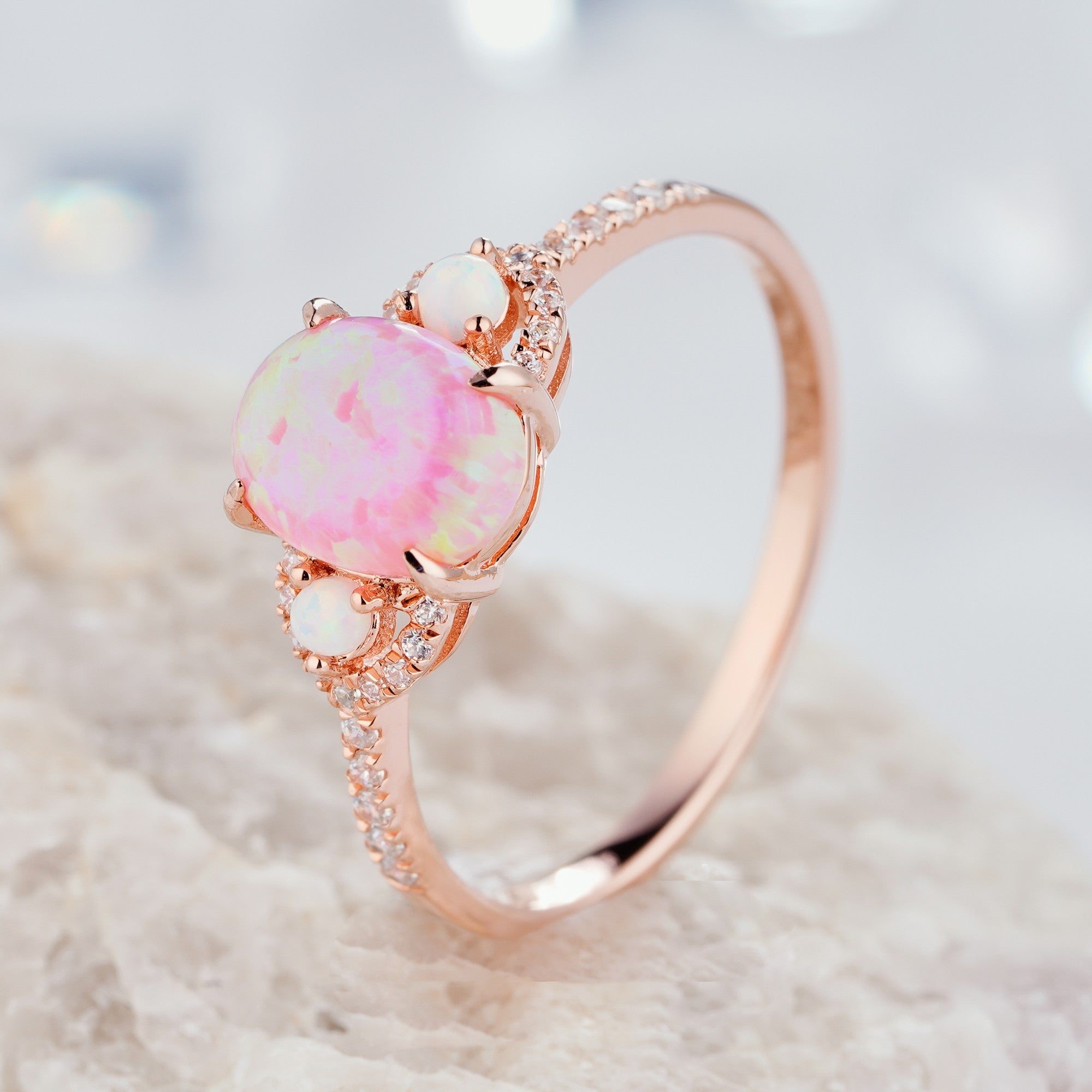 0.85ct Oval Cut Pink Fire Opal  in 14K/18K Gold Natural Diamond  Handmade Ring - ShainJewelry