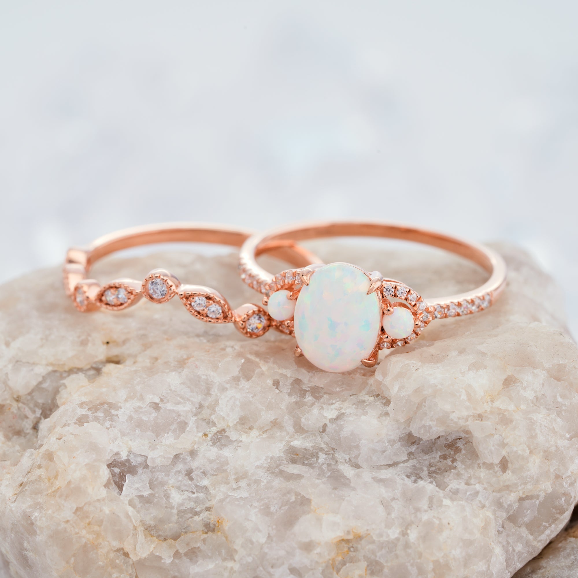 Oval Cut Opal Engagement Ring Set 14K/18K Gold Natural Handmade Ring Set - ShainJewelry