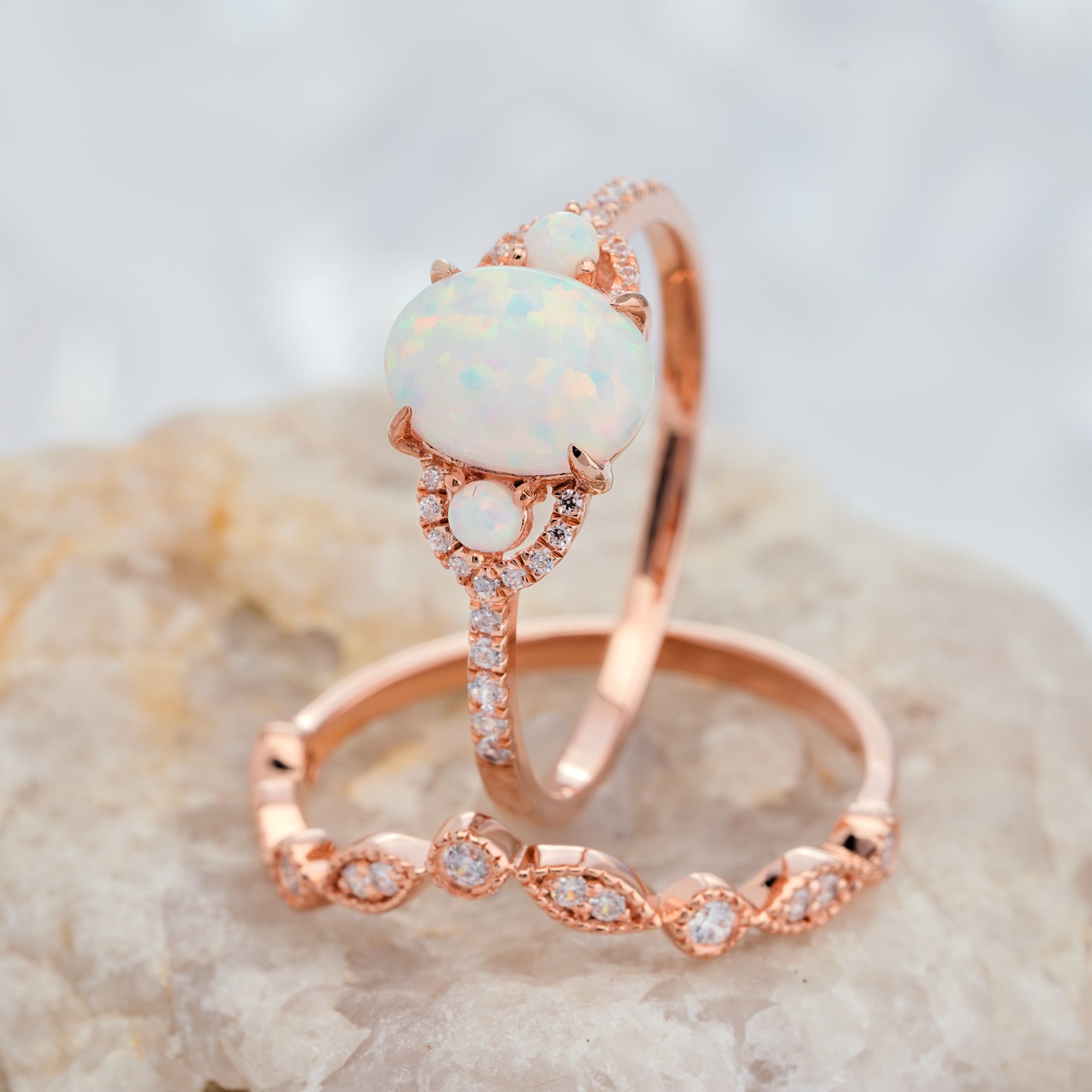 Oval Cut Opal Engagement Ring Set 14K/18K Gold Natural Handmade Ring Set - ShainJewelry