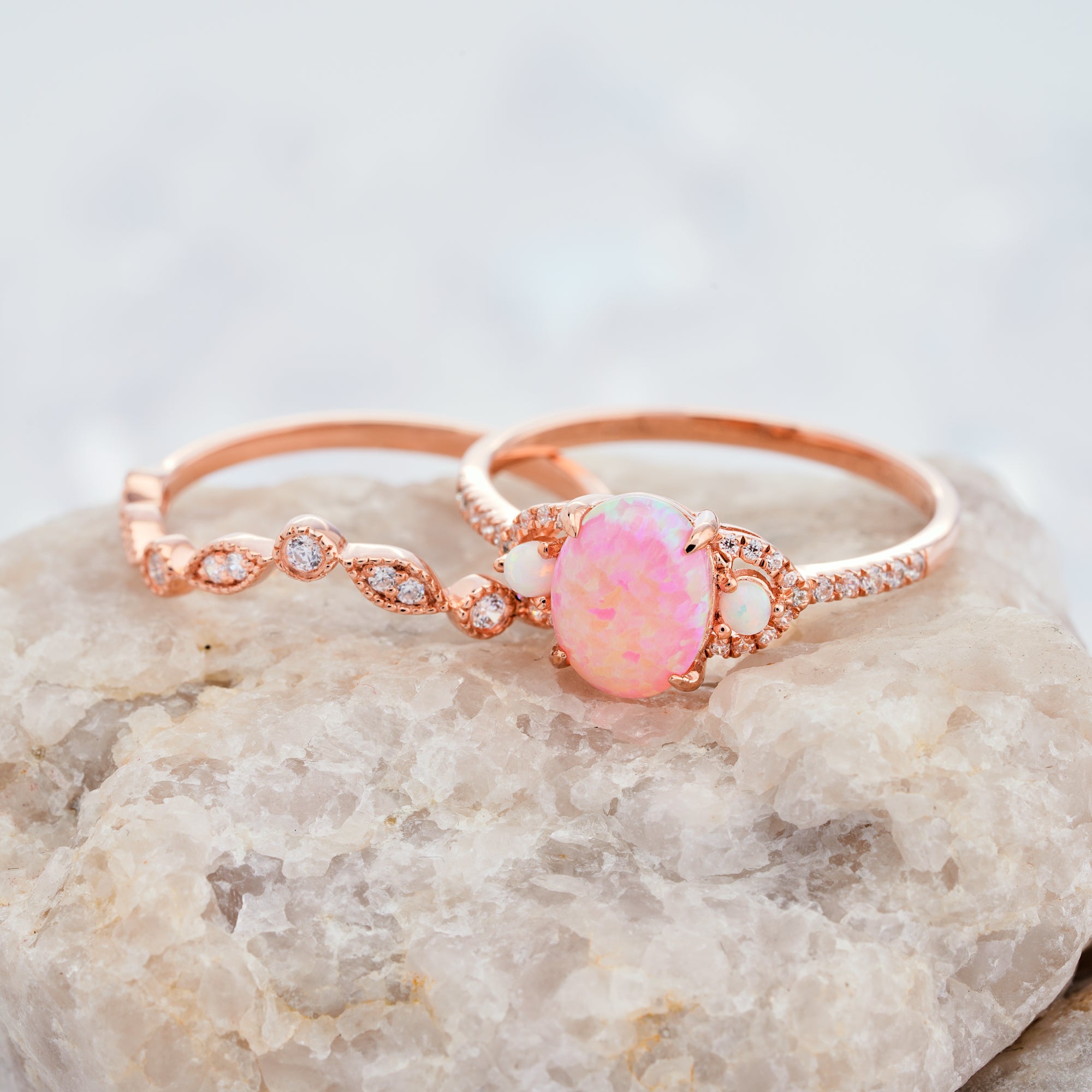 Pink Fire Opal Engagement Ring Set14K/18K Gold Natural Diamond Ring - ShainJewelry