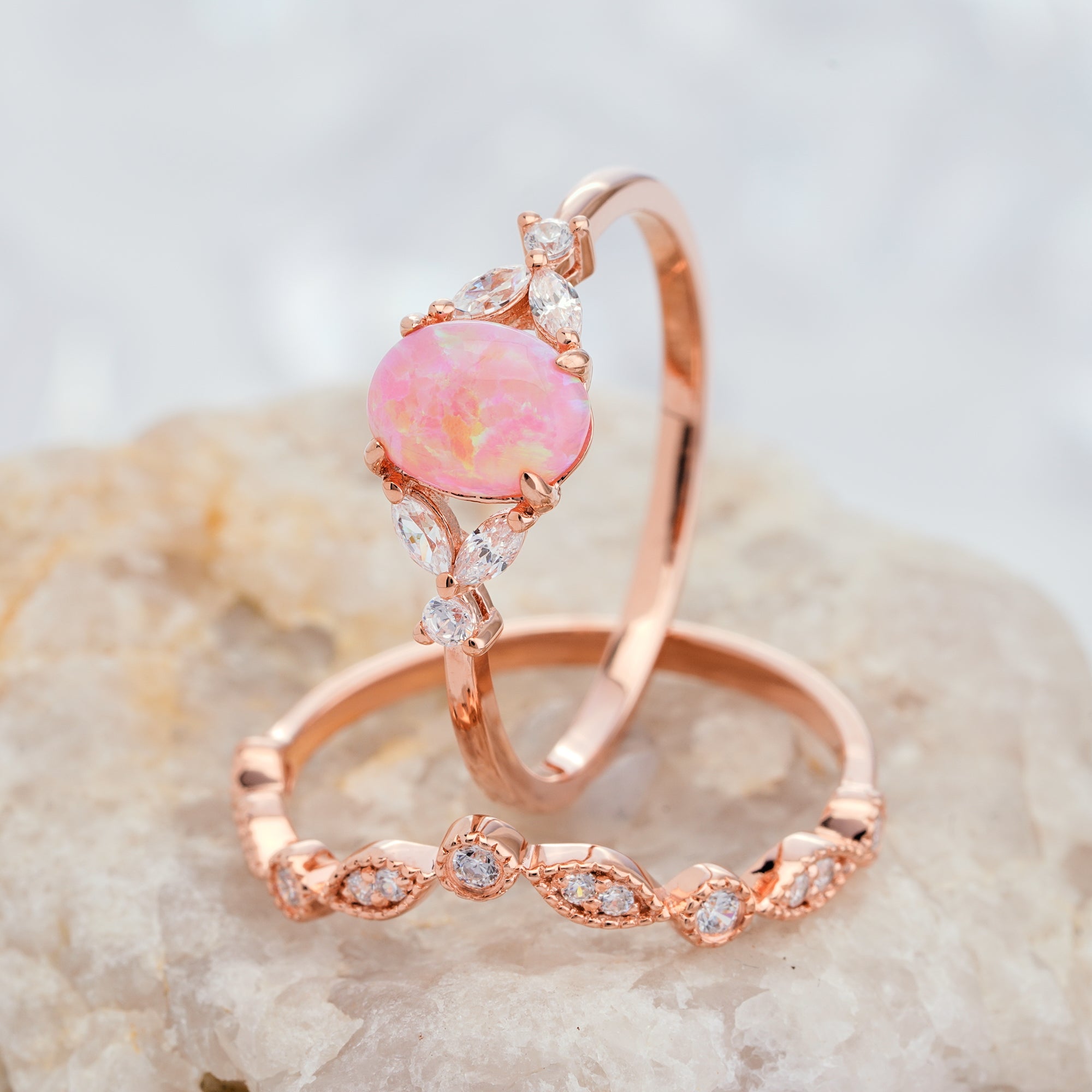 Oval Pink Opal Engagement Natural Diamond Ring Set in 14K/18K Gold - ShainJewelry