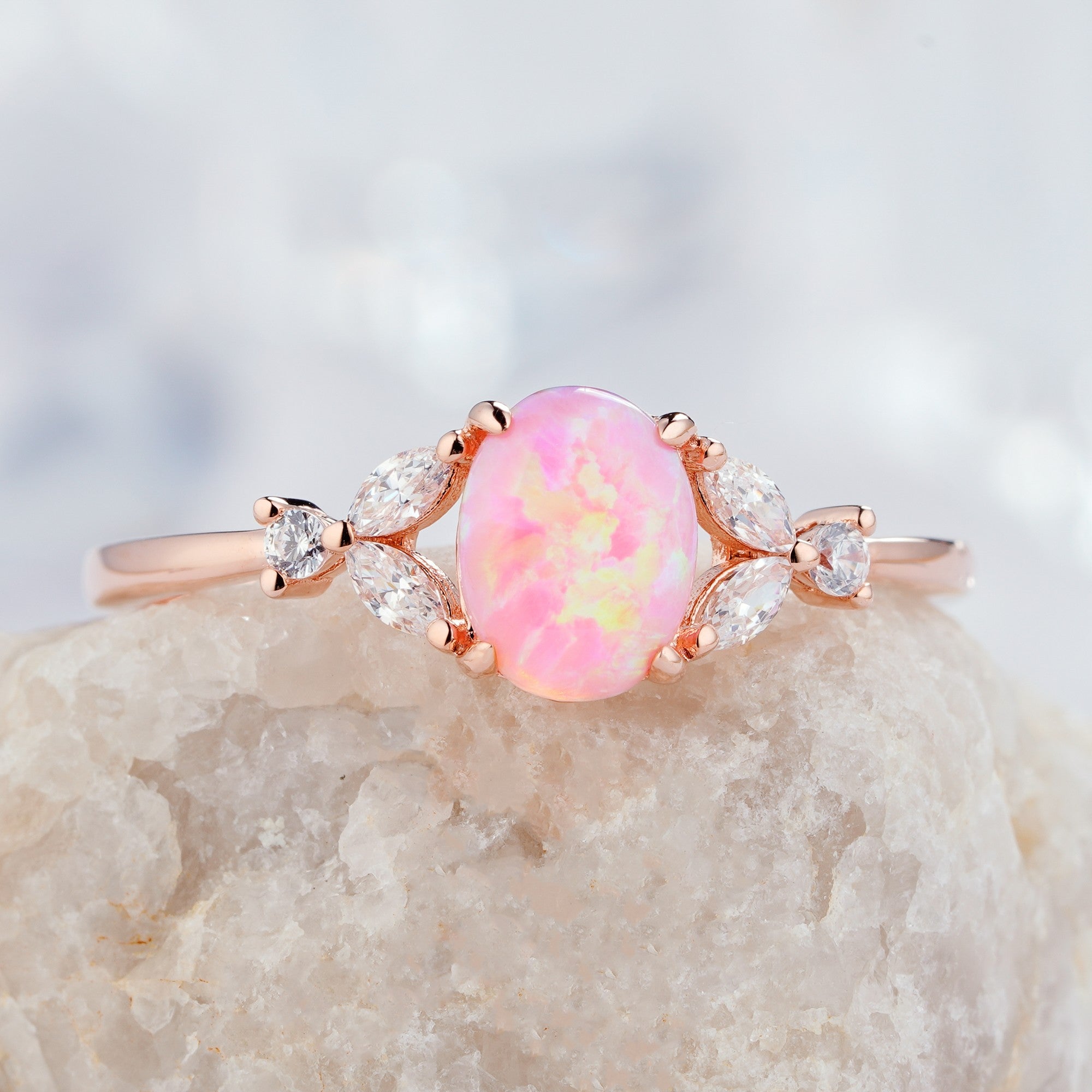 Oval Pink Opal Engagement Natural Diamond Promise Ring in 14K/18K Gold - ShainJewelry