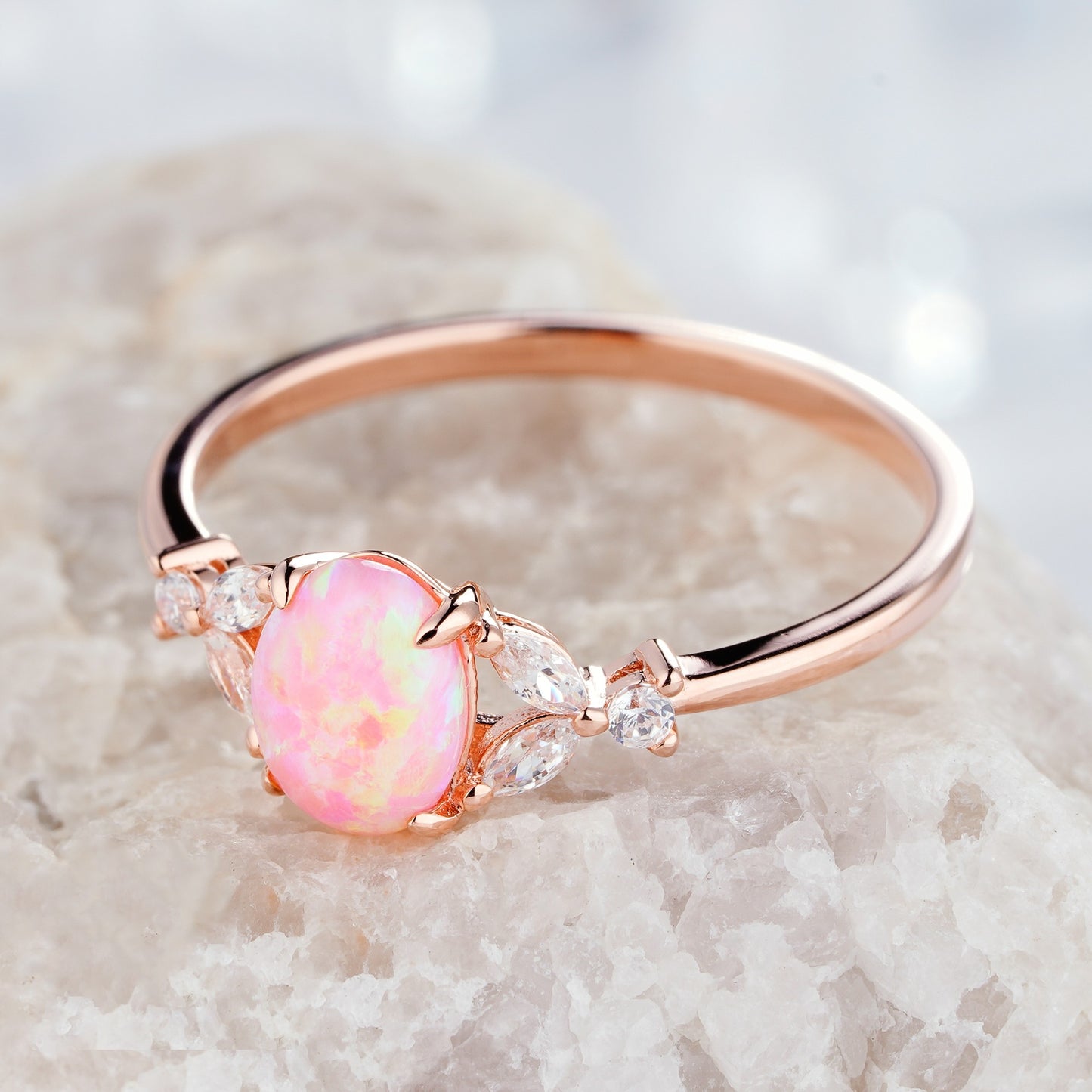 Oval Pink Opal Engagement Natural Diamond Promise Ring in 14K/18K Gold - ShainJewelry