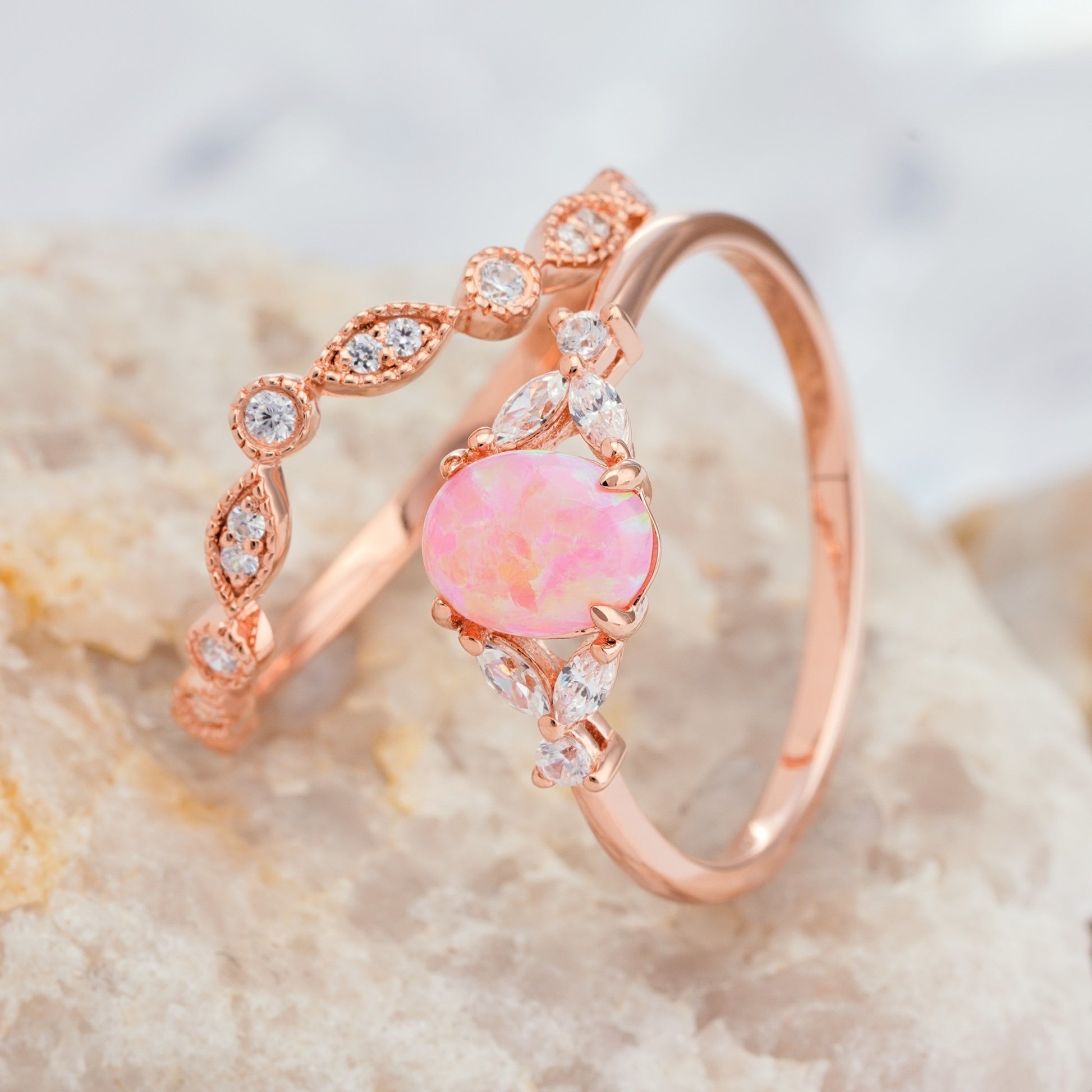 Oval Pink Opal Engagement Natural Diamond Ring Set in 14K/18K Gold - ShainJewelry