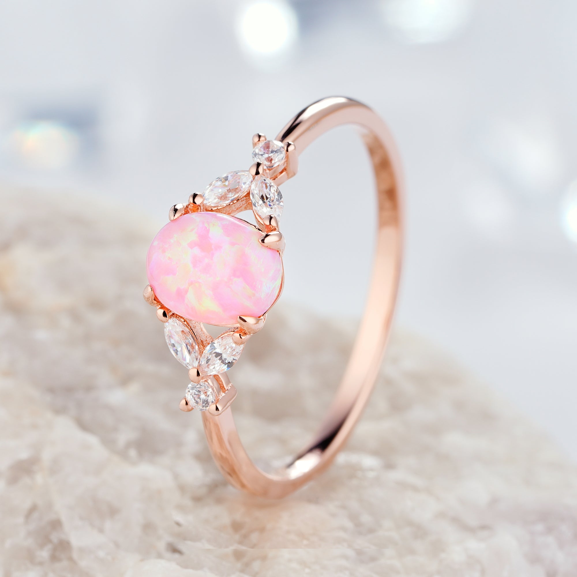 Oval Pink Opal Engagement Natural Diamond Promise Ring in 14K/18K Gold - ShainJewelry