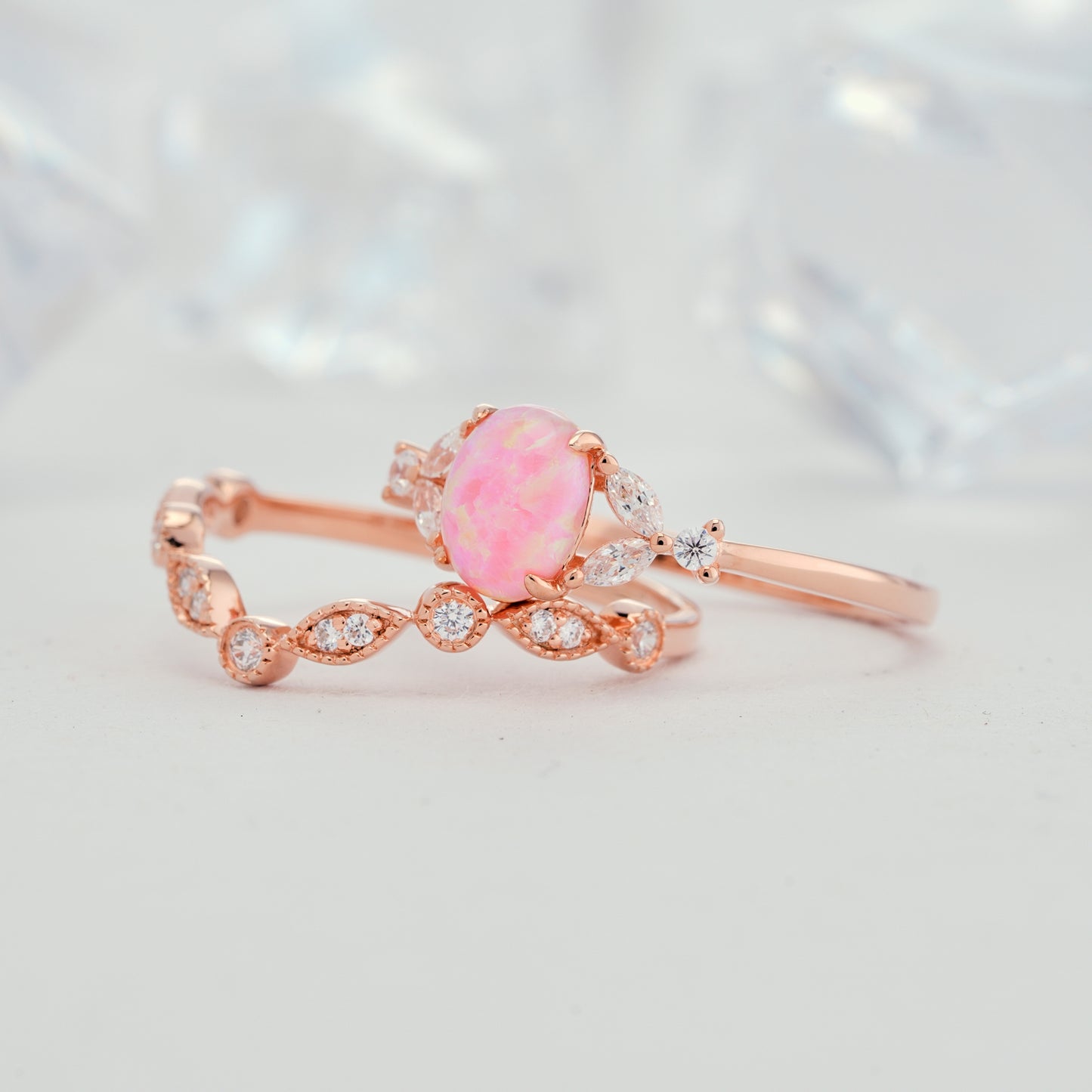 Oval Pink Opal Engagement Natural Diamond Ring Set in 14K/18K Gold - ShainJewelry