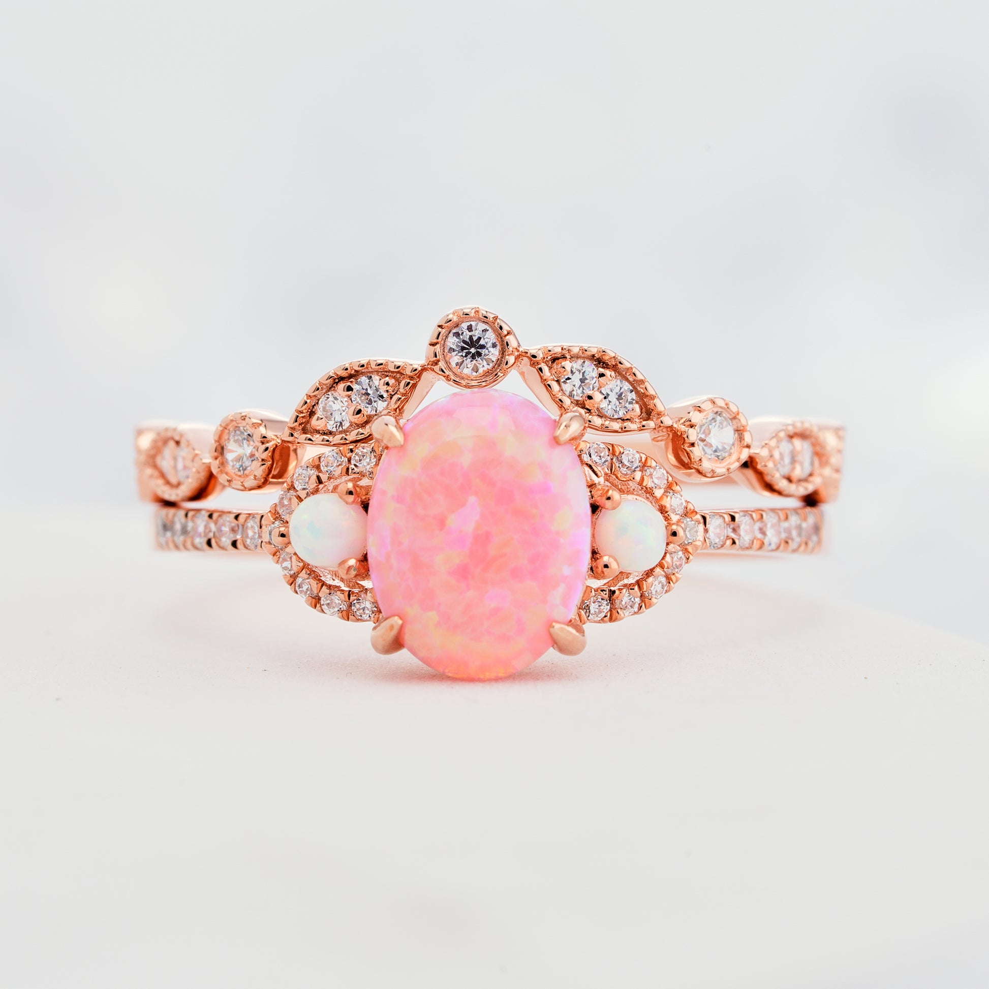 Pink Fire Opal Engagement Ring Set14K/18K Gold Natural Diamond Ring - ShainJewelry