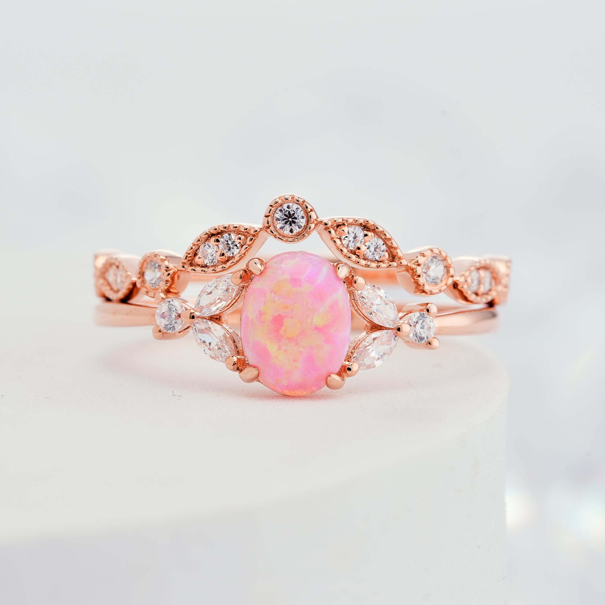 Oval Pink Opal Engagement Natural Diamond Ring Set in 14K/18K Gold - ShainJewelry