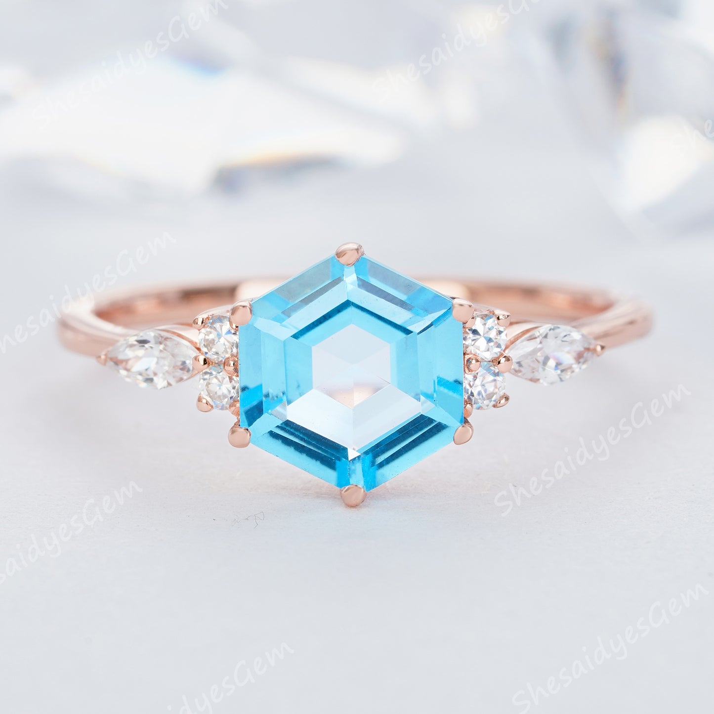 1.7ct 7mm Hexagon Swiss Blue Topaz Diamond Engagement Ring14K/18KRose/Yellow/White Gold Ring - ShainJewelry