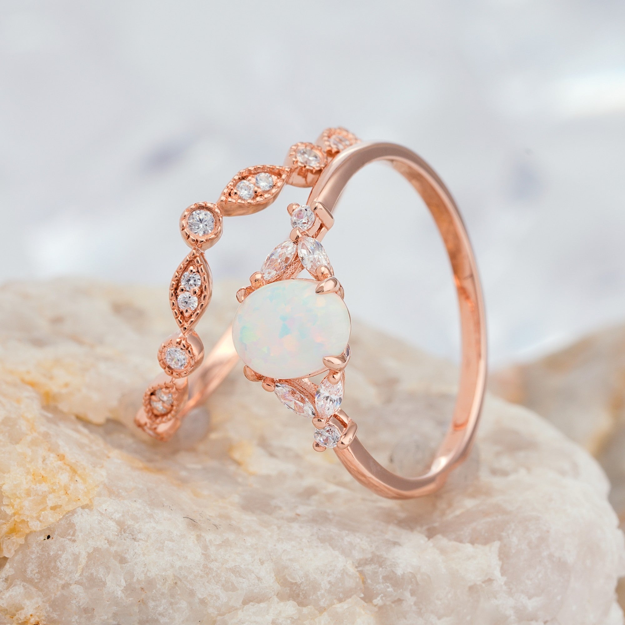 White Opal Engagement Diamond Ring Set in 14K/18K Gold - ShainJewelry