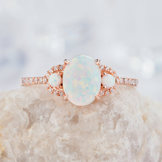 Oval Cut White Fire Opal Engagement Ring 14K/18KGold Natural Diamond Ring - ShainJewelry